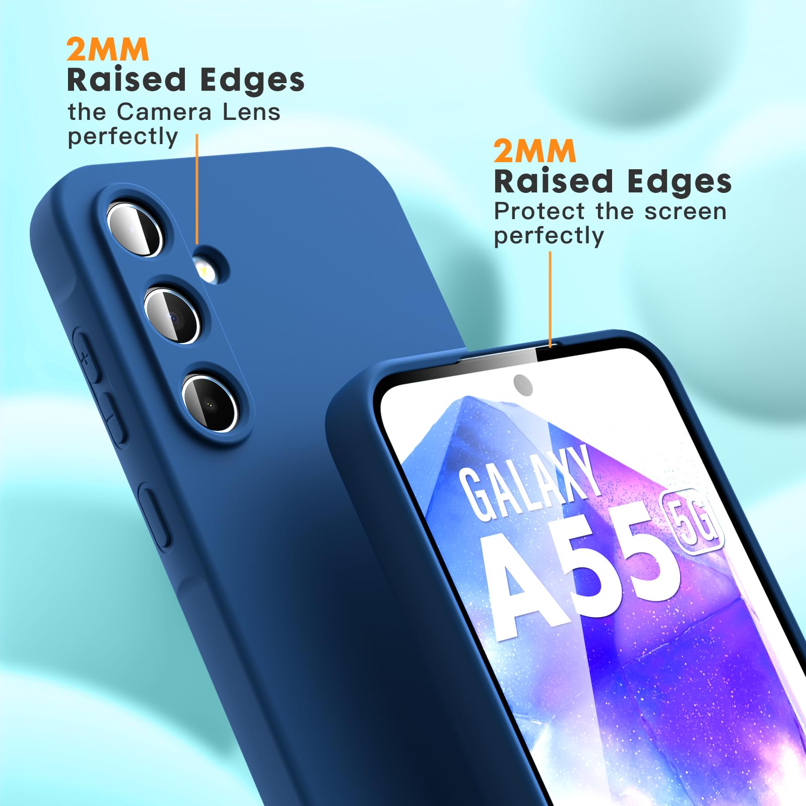Vansdon Cover Compatibile con Samsung Galaxy A55 5G, 2 Pellicola Protettiva in Vetro Temperato, Gomma Gel di Silicone Liquida Antiurto Custodia - Blu