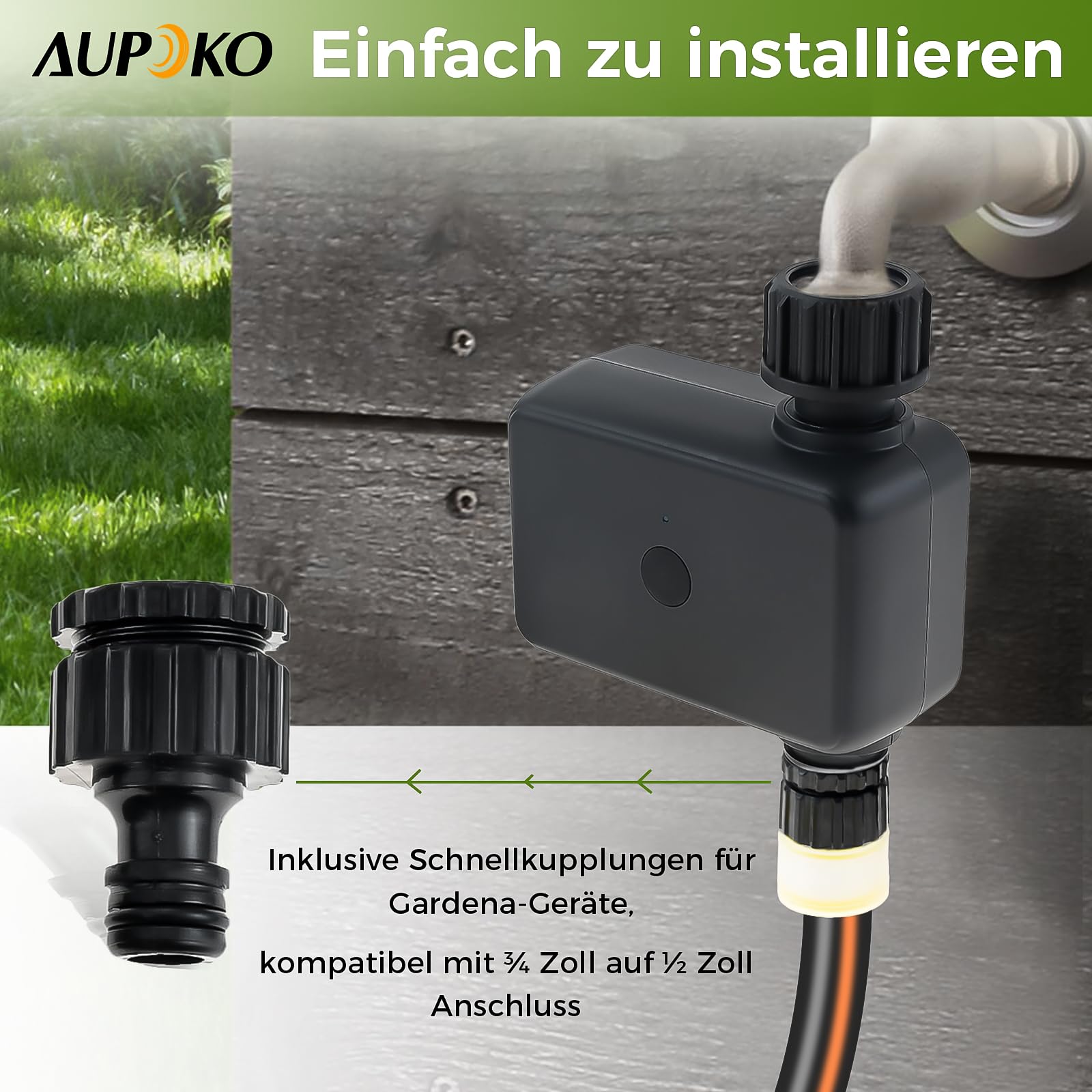 Aupoko Smart Bewässerungsuhr mit Bluetooth & App Steuerung – Bewässerungscomputer mit IP55 Schutz, 2 Bewässerungsmodi, Regenverzögerung für Garten, Landwirtschaft & öffentliche Grünflächen