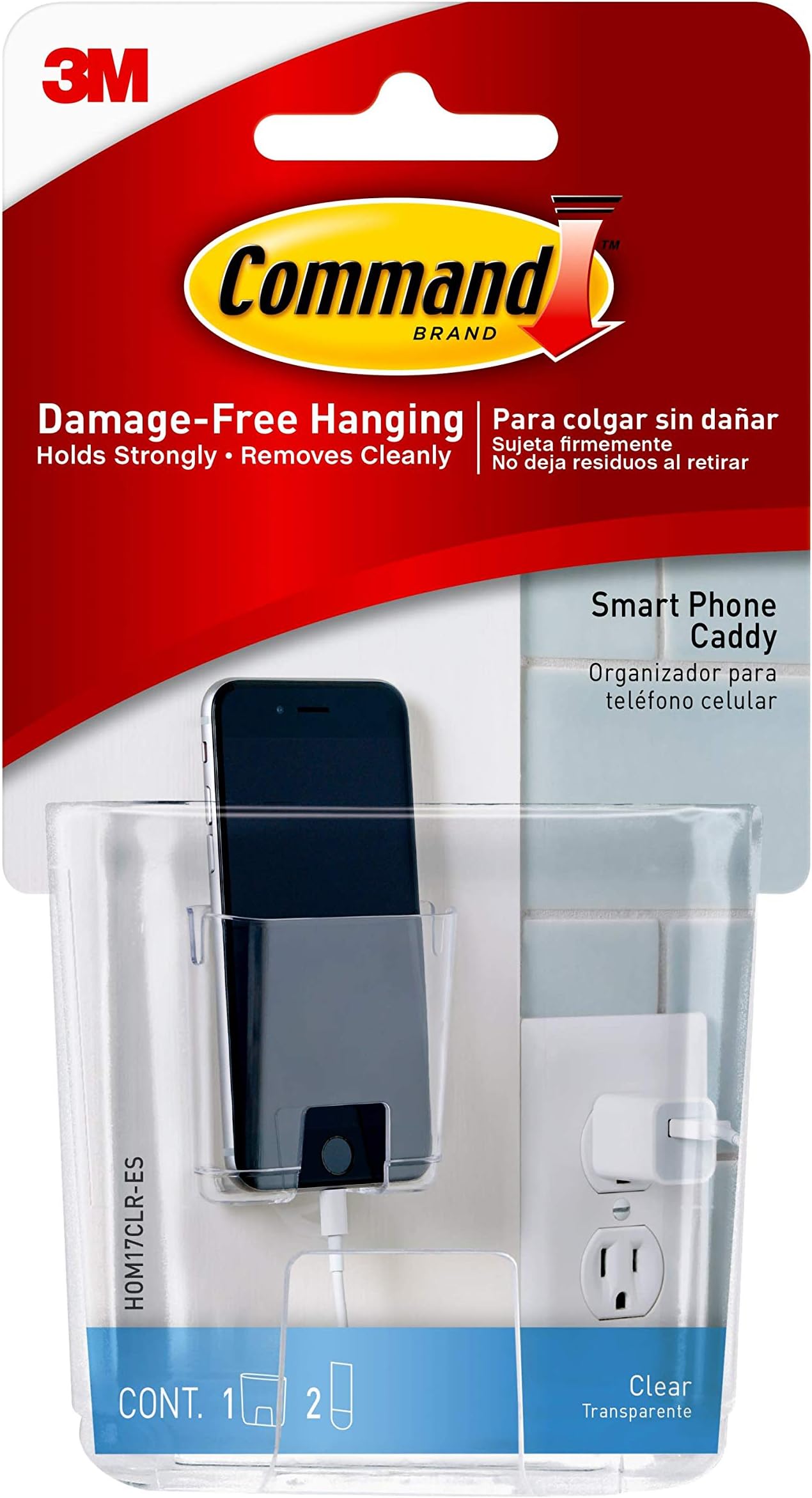 Command Smart Phone Station, Clear, 1-Caddy, 2-Strips, Organize Damage-Free, fits Phones up to 2.75” Wide