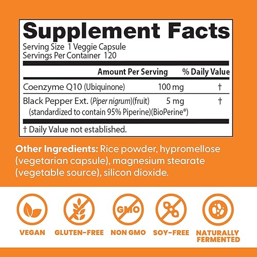 Miniatura 3 de Doctor's Best CoQ10 de alta absorción con bioperina, salud cardíaca y producción de energía, sin OMG, sin gluten ni soja, vegano, 100 mg, 120