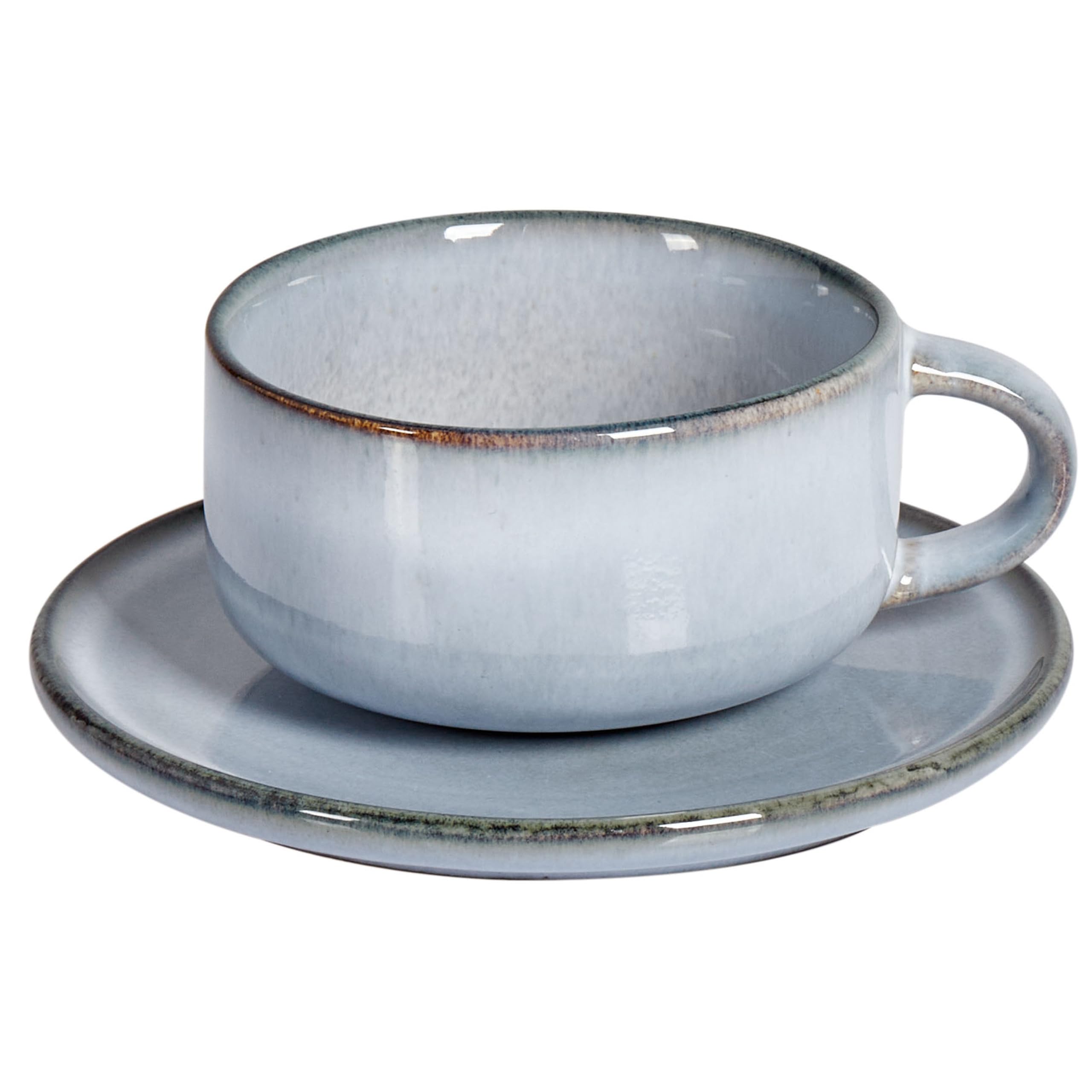 Set aus 4 Tassen mit Untertassen Tee Kaffee Steingut Kaolin Handgefertigt Reaktive Glasur Finish Hellblau Juniper