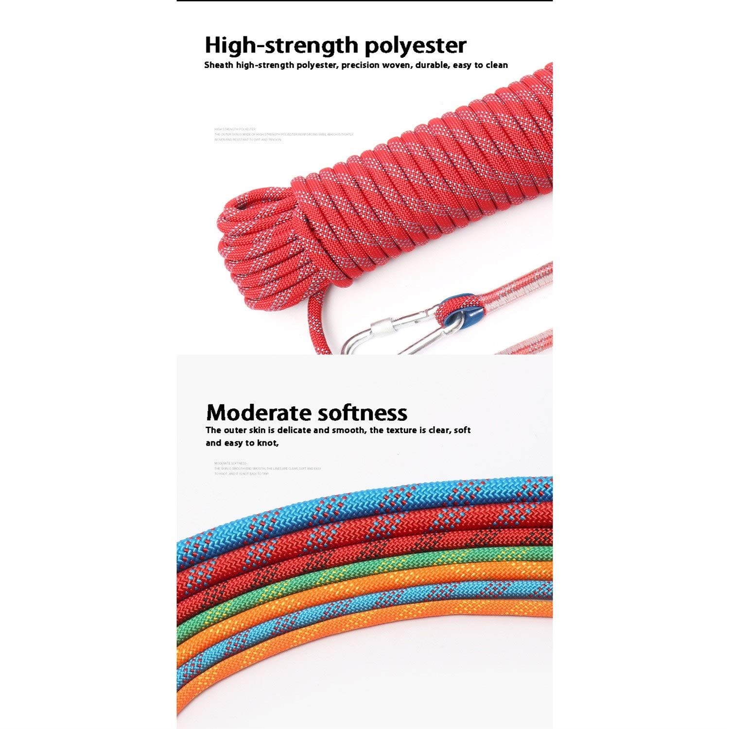 Cuerda de Escalada Cuerda de Alpinismo estática Verde de 12 mm, Cuerda de Nylon de Alta Resistencia Resistente al desgarro con mosquetón Doble 10M-100M (Tamaño : 50m)
