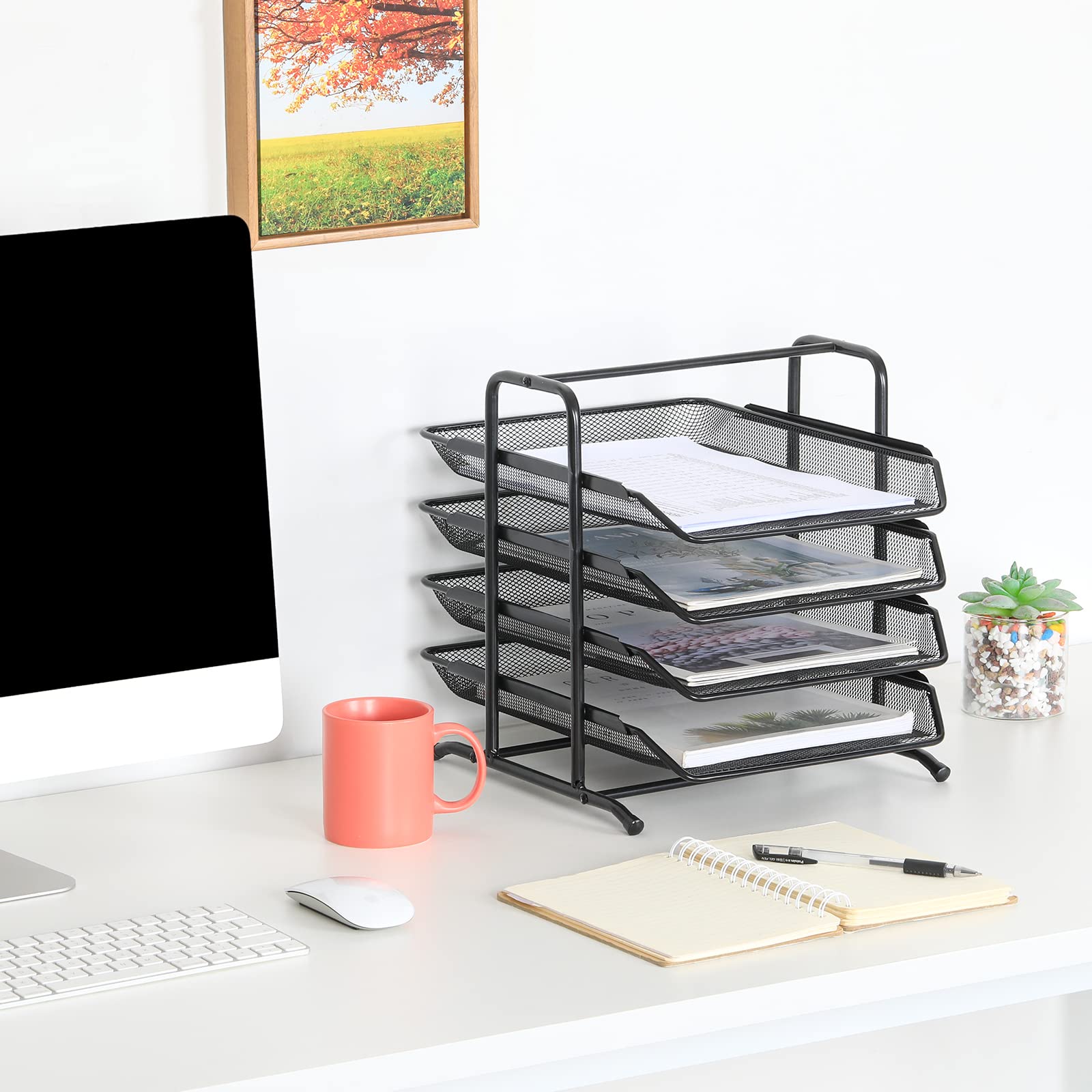 EasyPAG 4 Niveles Metal Malla Oficina A4 Escritorio Bandeja Documento Soporte Archivos Organizador Revistero Almacenamiento Papeles Clasificador Carta Estante Folios,Negro