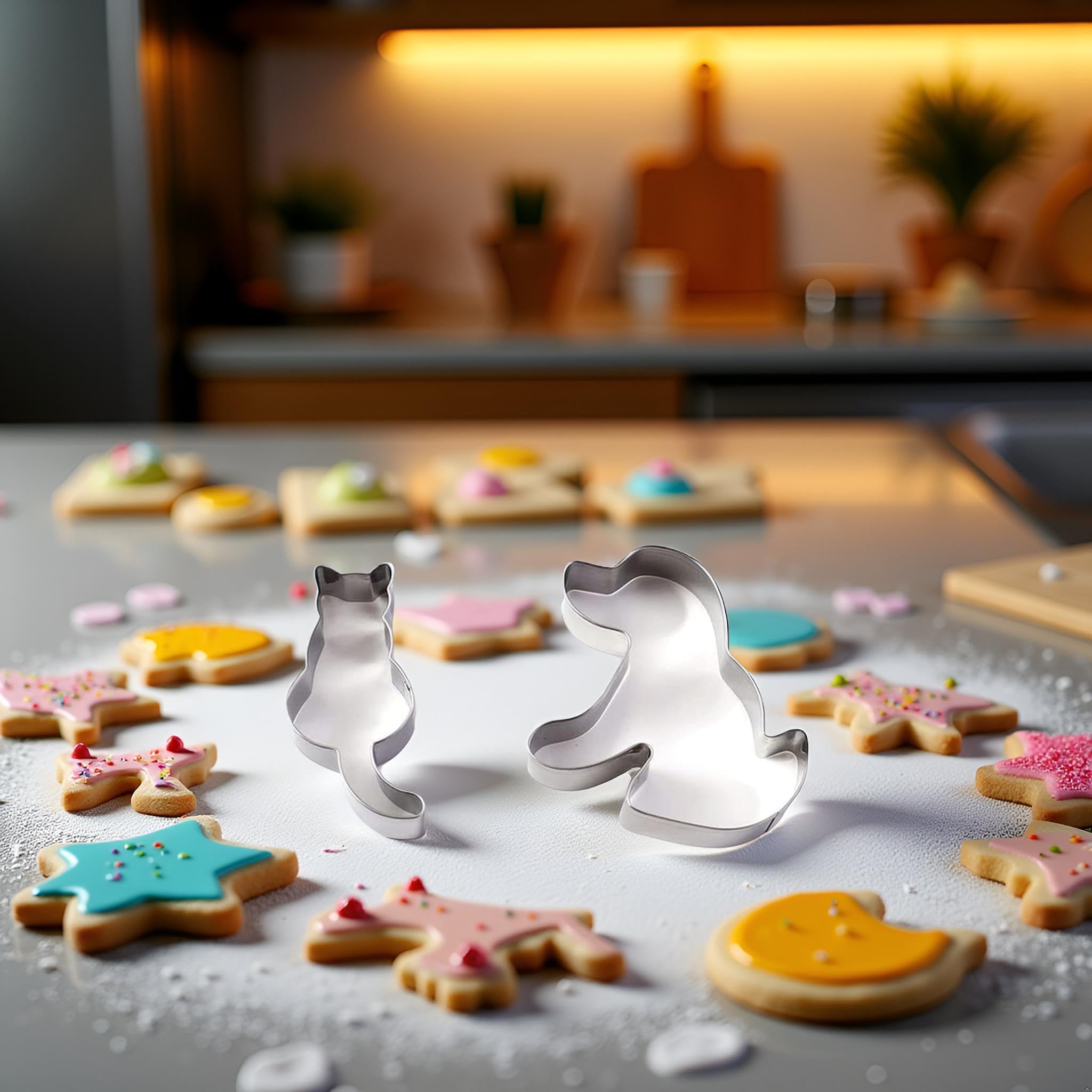 Juego de 2 cortadores de galletas plateados para gatos y perros, cortadores de galletas de acero, moldes para hornear con forma de animal, cortadores de galletas pequeños para herramientas de cocina y