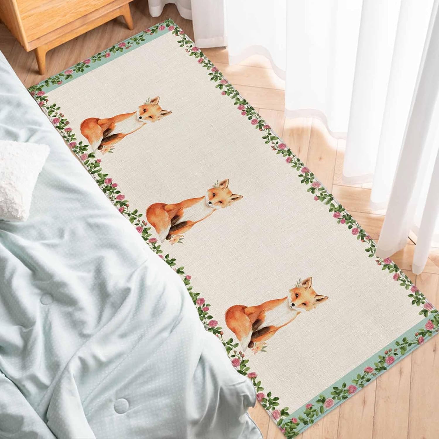 Kitchen Mats for Floor Watercolor Flower Fox on Burlap Washable Non Slip Kitchen Rugs 1PCS, Spring Floral Leaves Animal Absorbent Standing Mats for Sink Bathroom Office Living Room 23.6x70.9in
