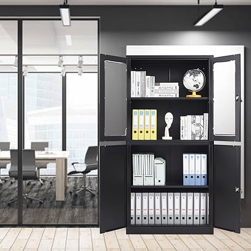 Miniatura 44 de SISESOL Armario de almacenamiento con puertas y estantes de vidrio, armario de despensa de cocina independiente para el hogar, oficina, baño Negro