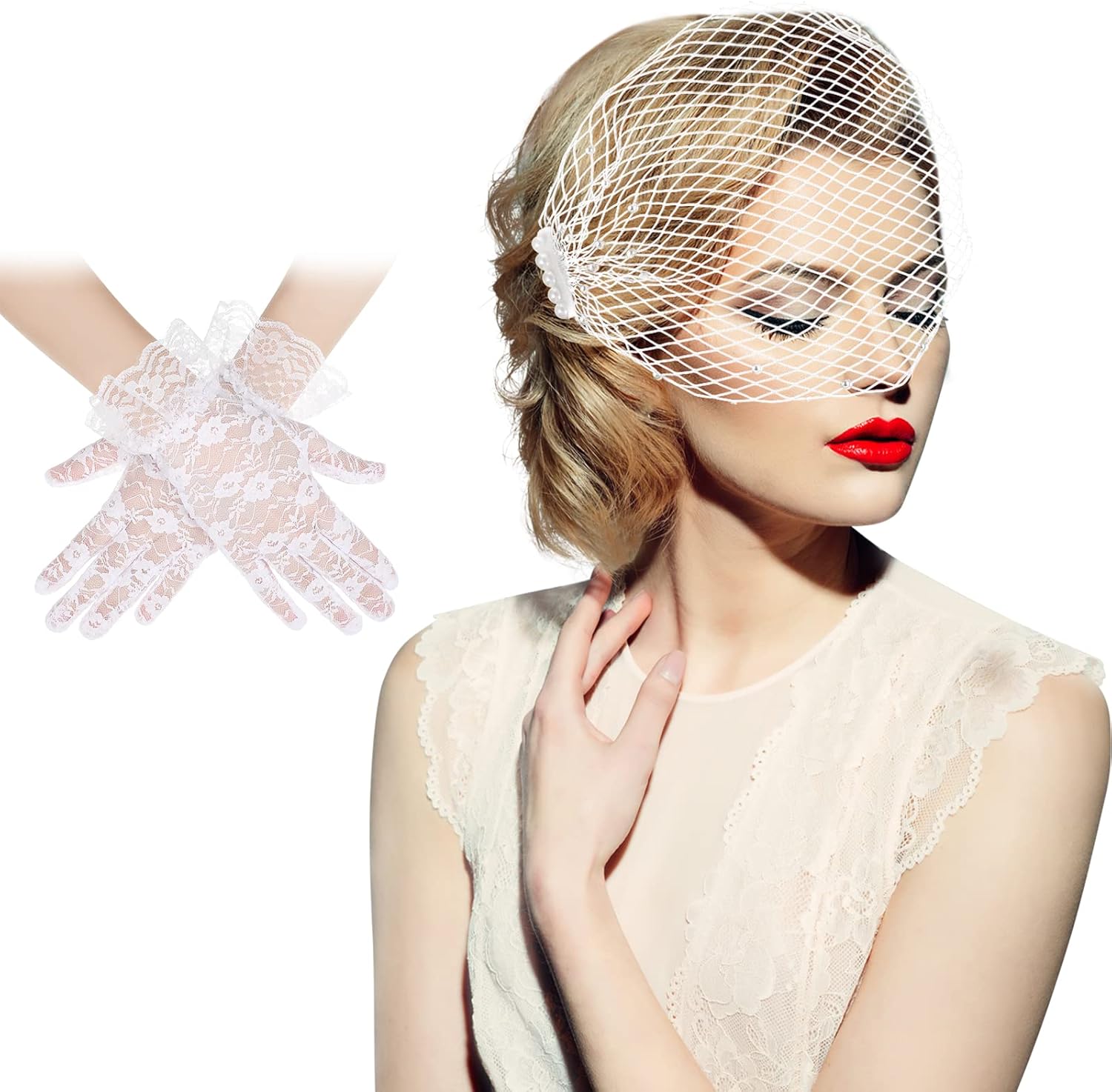 Velos de jaula de pájaros para novias y guantes de encaje blanco malla de velo blanco con perlas artificiales tocado de jaula de pájaros con peines