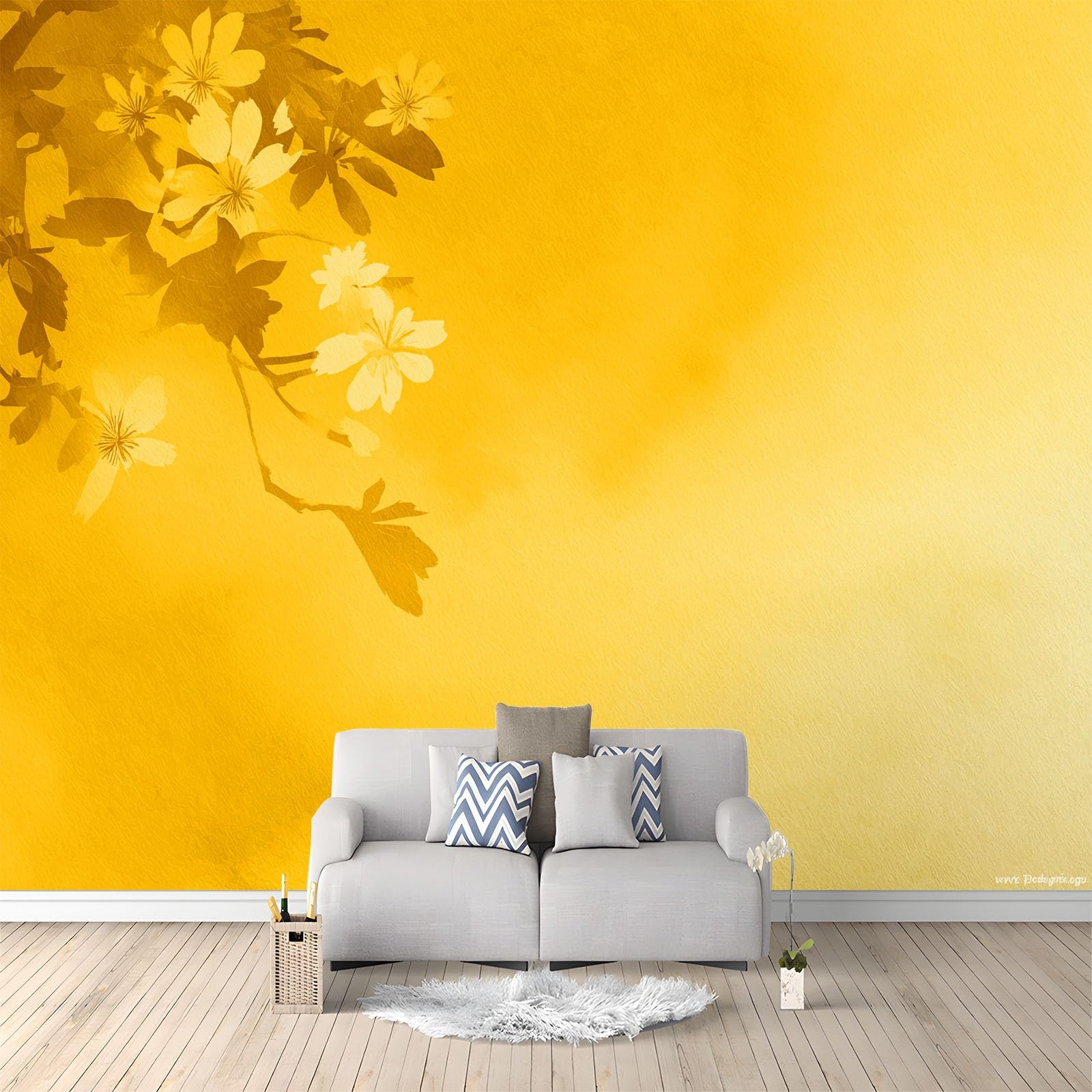 Carta da parati fotografica 500 x 280 cm, elegante decorazione da parete con piante nostalgiche floreali in tessuto non tessuto, decorazione murale e decorazione per la casa, oro chiaro, stampa