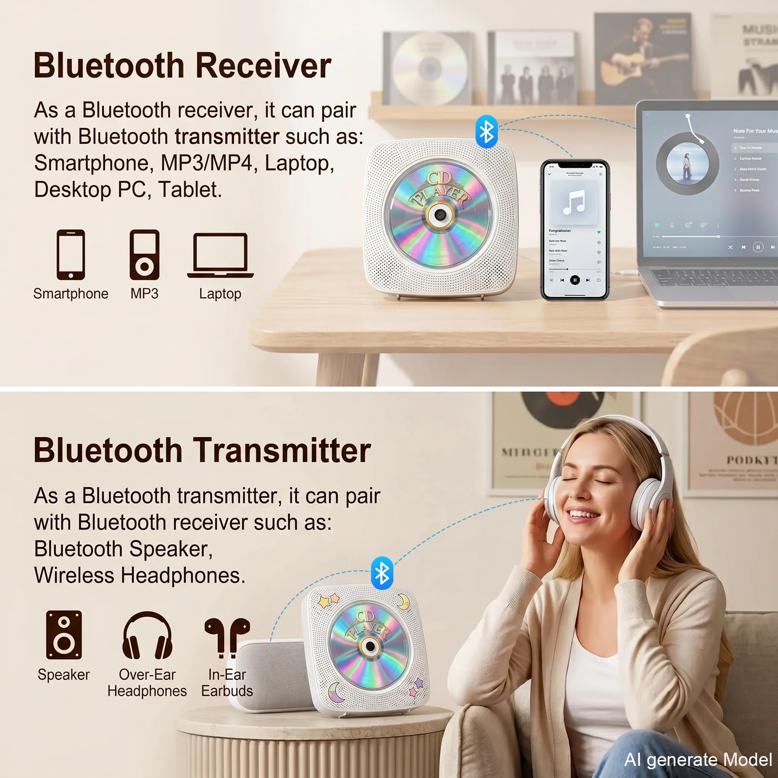 Gueray Desktop CD Player Bluetooth CD-Spieler mit Lautsprechern für Zuhause 1800mAh Tragbarer CD-Player mit AUX USB Kopfhörer Jack FM Radio mit Fernbedienung Staubschutz LCD Display für Kinder-Weiß