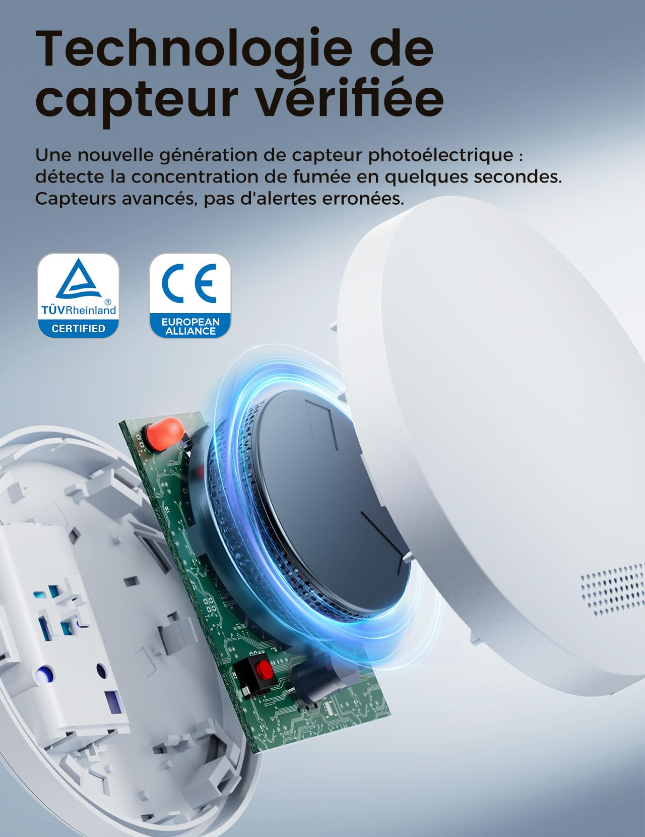 Détecteur de fumée 2024, Gagnant de la Batterie de 10 Ans pour Alarme Incendie, Détecteur de Fumée, sans perçage, 85dB, Alarme de fumée, Autonome, Non interconnexion - 1 pièce