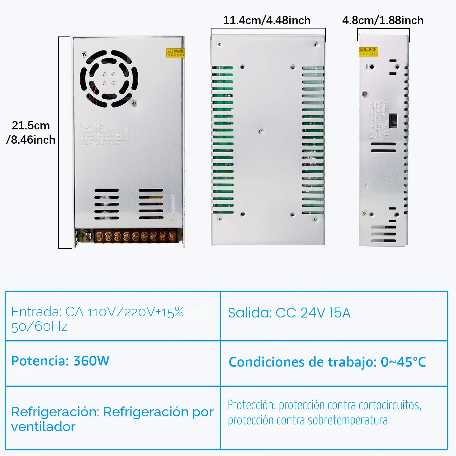 Redrex 24V 15A Fuente de Alimentación Transformador Interruptor 360W Para Impresoras 3D Tira LED Luces Proyecto Ordenador