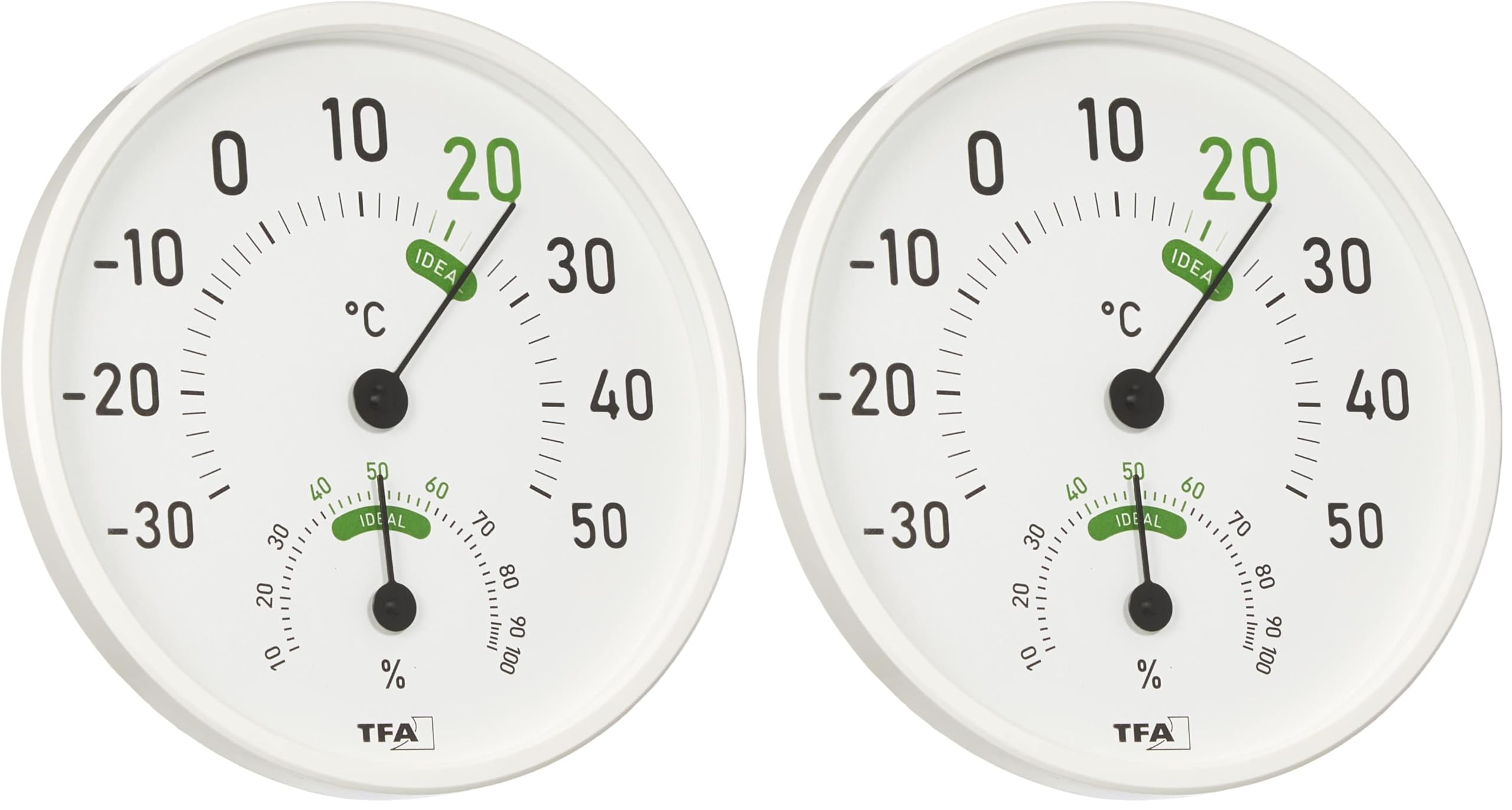 TFA Dostmann Analoges Thermo-Hygrometer, 45.2045.02, für innen und außen, mit farbigen Komfortzonen, weiß, L130 x B20 x H165 mm (Packung mit 2)