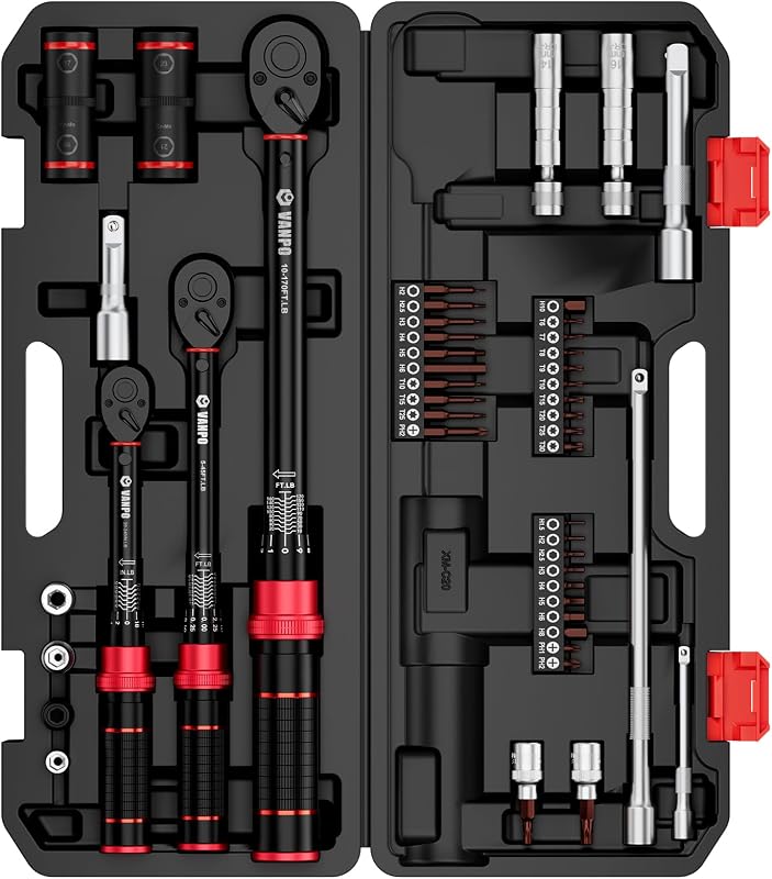 VANPO Juego de llaves dinamométricas, accionamiento de 1/4", 3/8", 1/2", 47 piezas, tipo clic | 20–240 in-lb, 5–45 y 10–170 ft-lb para reparación de tuercas, automóviles, motocicletas y bicicletas, con puntas S2 para ruedas y bujías, 72T