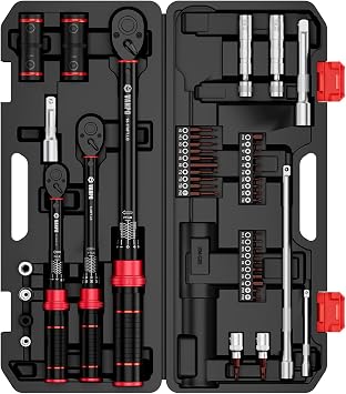 VANPO Torque Wrench Set, 1/4, 3/8, 1/2 Drive, 47-Piece, Click Type | 20240 in-lb, 545 & 10170 ft-lb for Lug Nuts, Car, Motorcycle & Bike Repair, with S2 Bits Wheel & Spark Plug Sockets, 72T