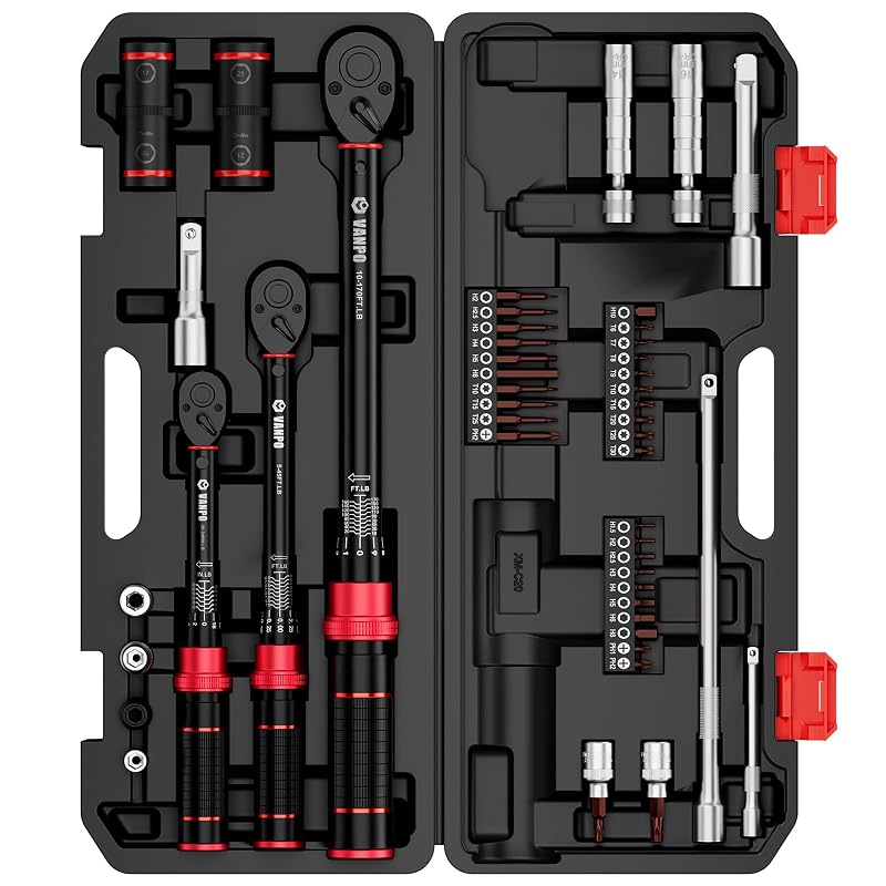Kit de Chaves de Torque VANPO com Catraca, 1/4, 3/8 e 1/2 pol., 47 peças