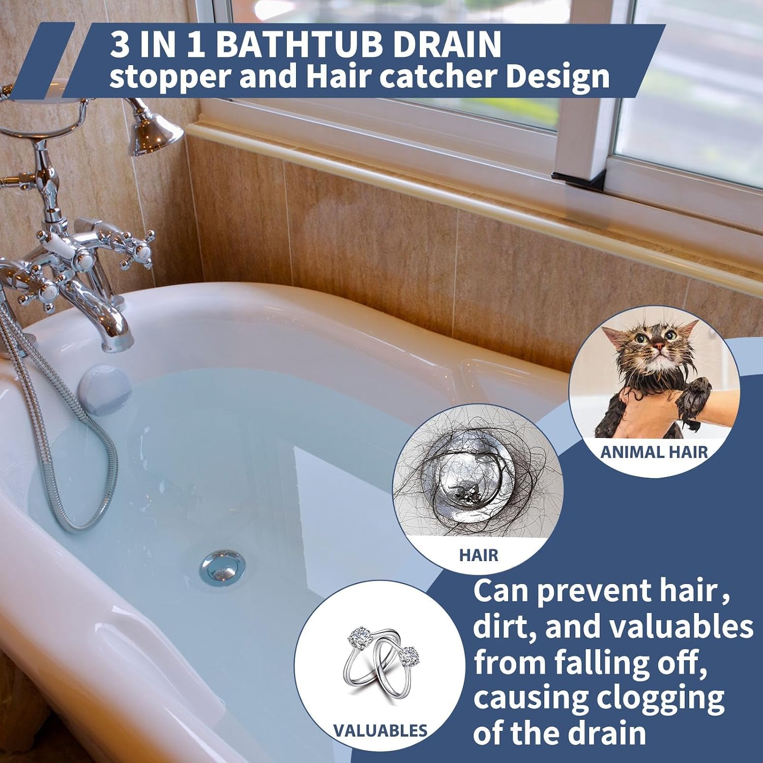 Bathtub Shower Drain Hair Catcher Stopper for 1-1/2“ to 1-3/4" | Pop-up Tub Stopper with Effective Filter Basket, Anti-Clogging Bathtub Drain Plug Bath Tub Stoppers(Polished Silver)