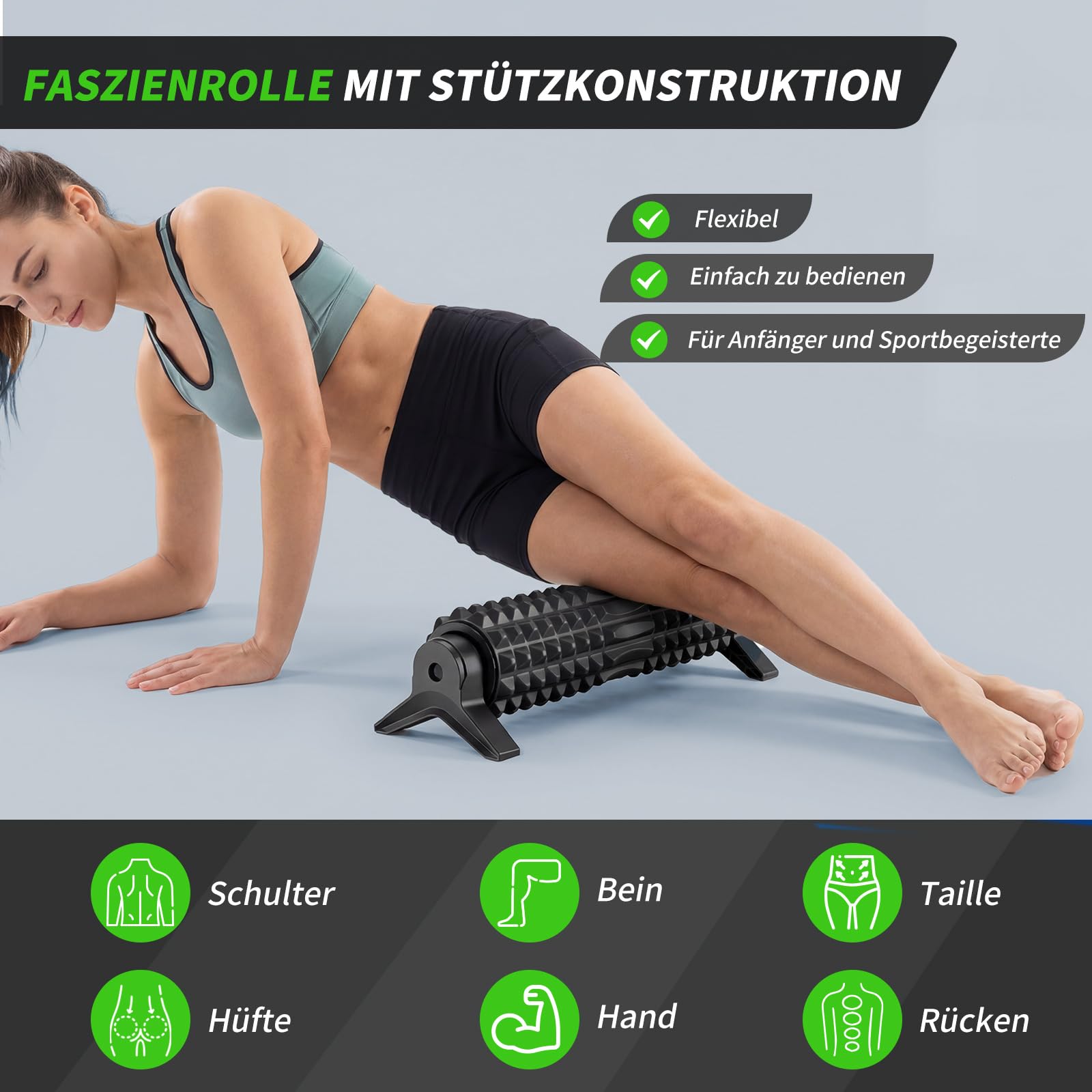 Rodillo Masaje Muscular, Eva Foam Roller con Soporte, Fitness Rodillo de Espuma para Yoga, Pilates y Alivio de Tensiones, Masaje de Espalda, Piernas, Aliviar el Dolor, Entrenar los Músculos (Negro)