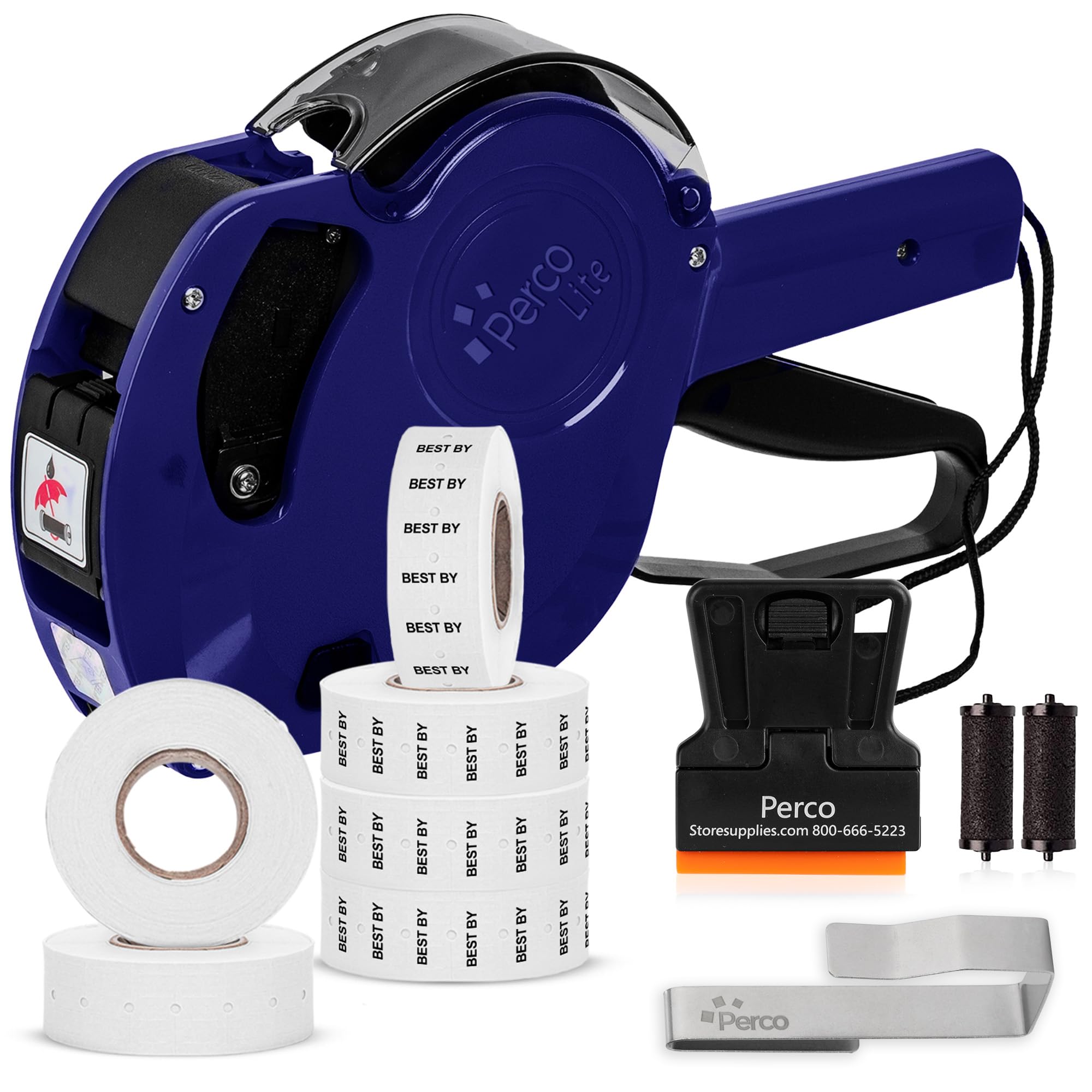 Perco Lite 1 Line Date Gun Kit for Retail Business – Includes 2 White Rolls, 4 Rolls of Best By Labels, Gun Clip &amp; Ink Rollers – Pre-Loaded w Labels &amp; Ink