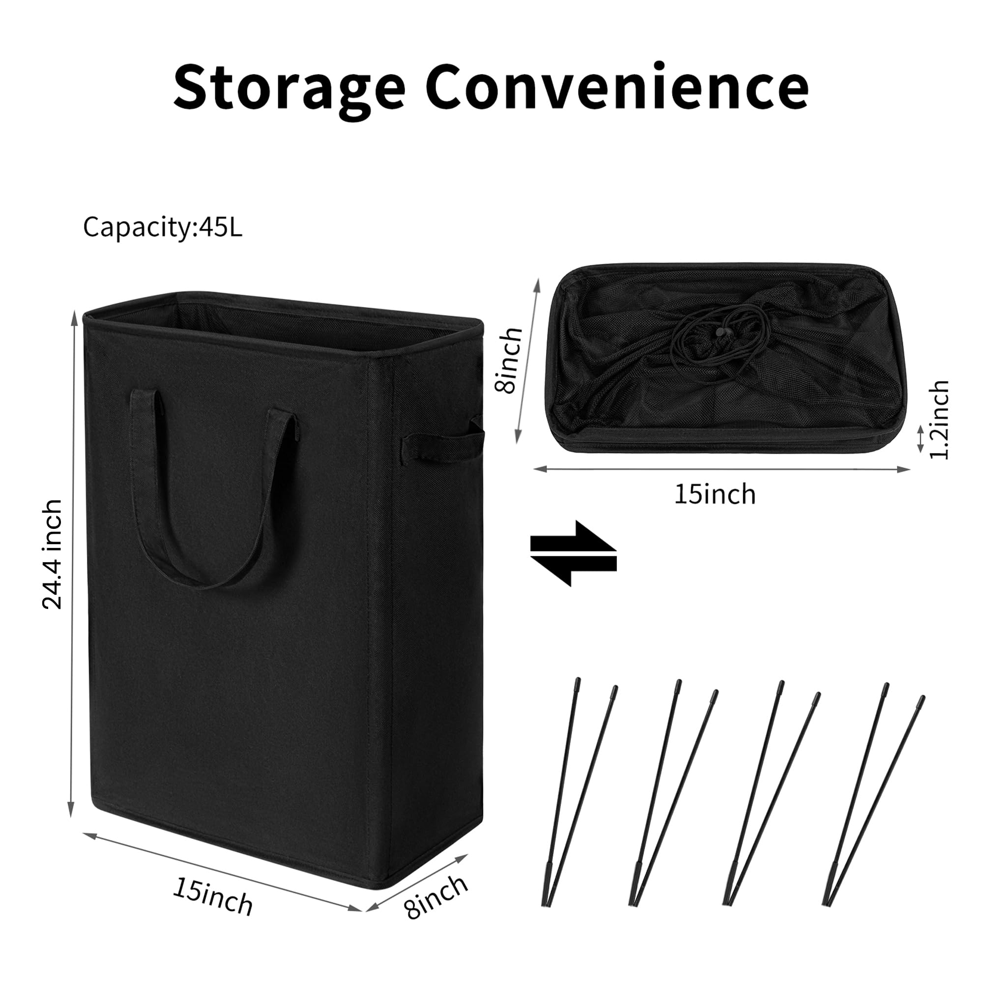 Cesto portabiancheria sottile con manici, pieghevole, sottile, per vestiti sporchi, 45 l, nero