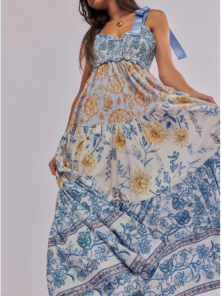 Women Floral Boho Sundress Tie Shoulder Smocked Patchwork Flowy Maxi Dresses with Pockets Summer Fall - Image 2