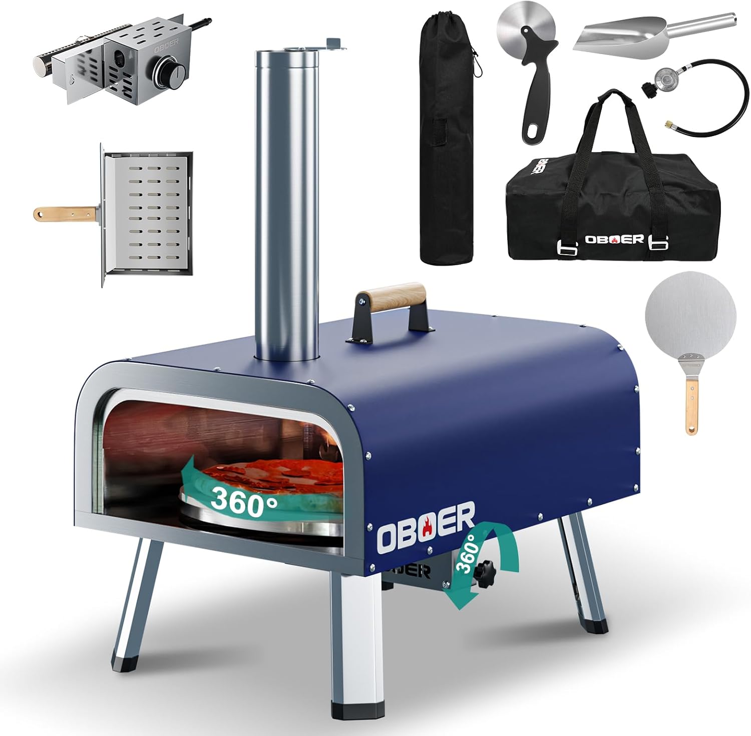 NAIZEA 13 Inch Multi-fuel Outdoor Pizza Oven,Portable Propane Wood and Gas Fired Pizza Maker,Rotating Pizza Ovens with Built-in Thermometer,Pizza Cutter & Carry Bag for Outside Backyard Camp