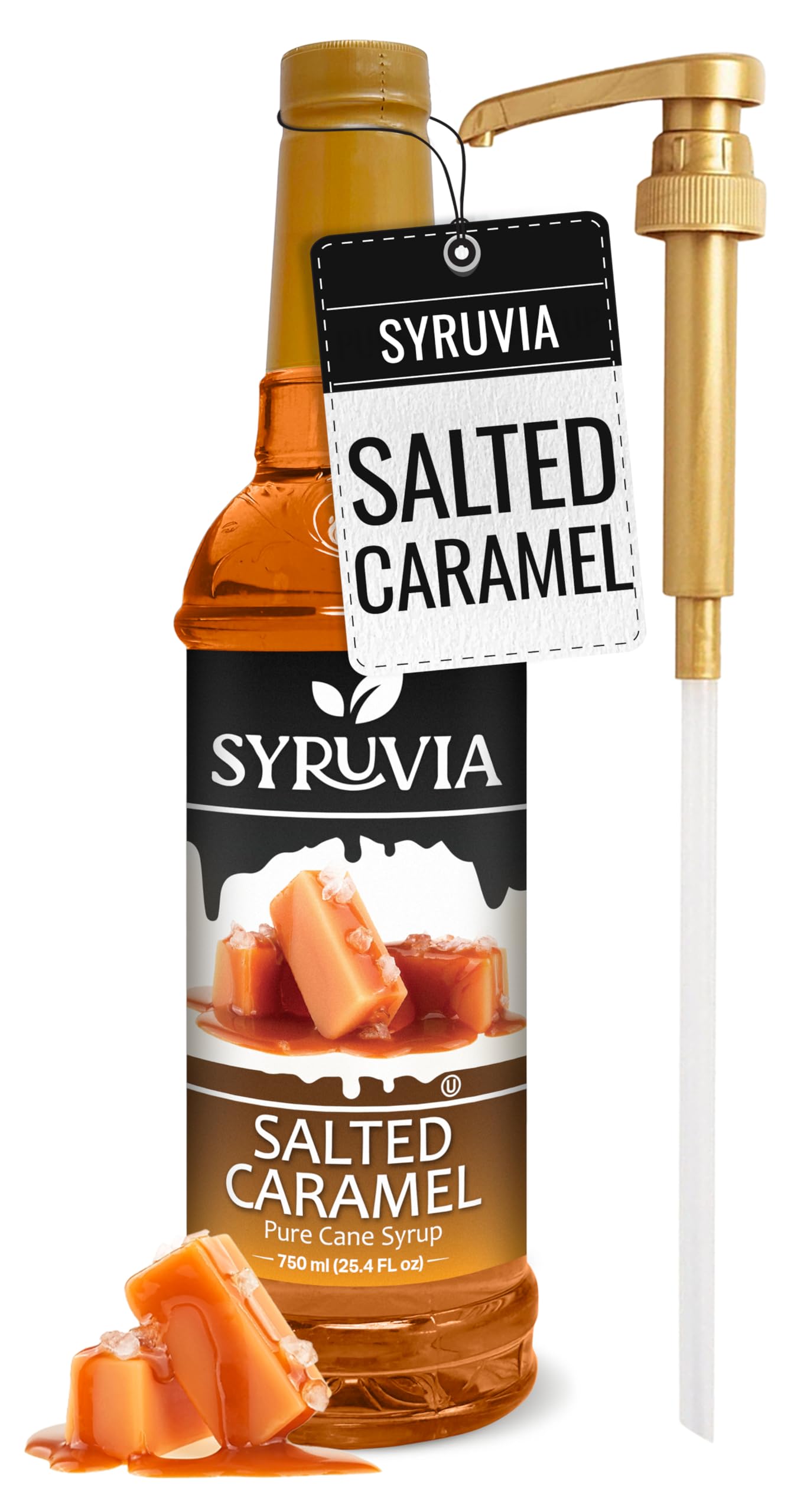 Syruvia Salted Caramel Syrup – Salted Caramel Coffee Syrup Flavor, 25.4 fl oz, Kosher, Gluten Free, Perfect for Coffee, Drinks, Soda, Desserts, and More, With Syrup Pump