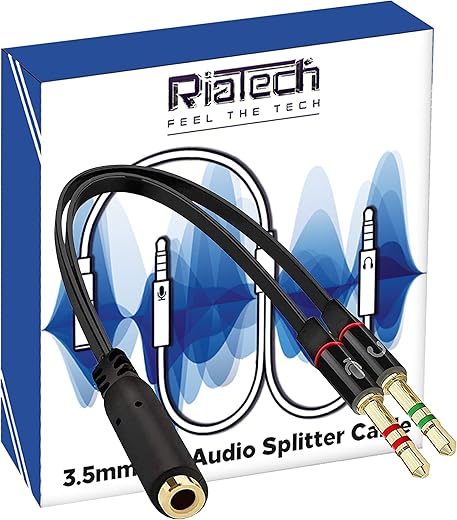 RIATECH Gold Plated 2 male to 1 female 3.5mm Headphone Earphone Mic Audio Y Splitter Cable For PC Laptop with Special Box Packing(20cm)– Black