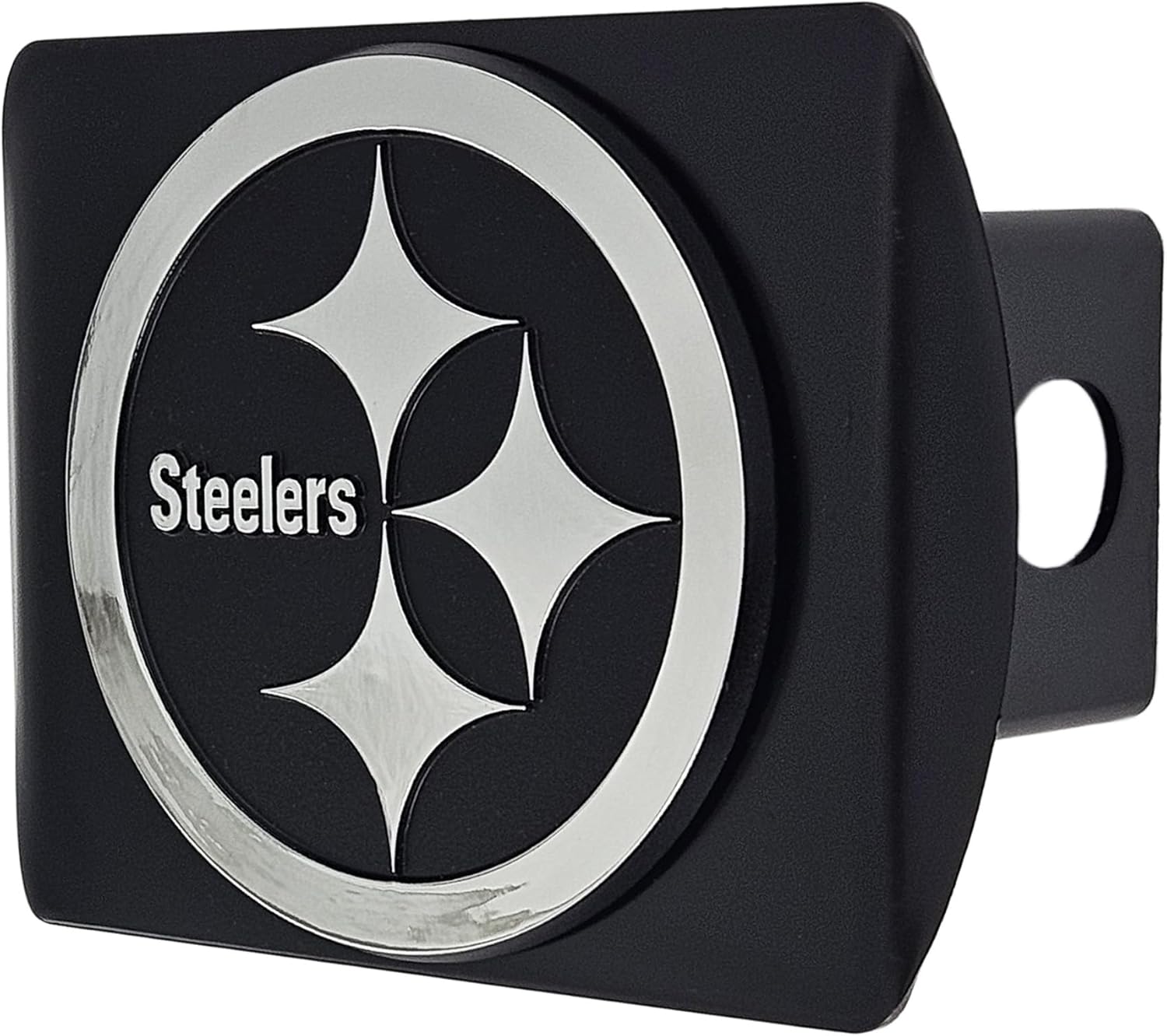 Pittsburgh Steelers NFL BLACK Metal Hitch Cover with 3D Brushed Chrome Team Logo by FANMATS - Unique Molded Design – Easy Installation on Truck, SUV, Car - Ideal Gift for Die Hard Football Fan