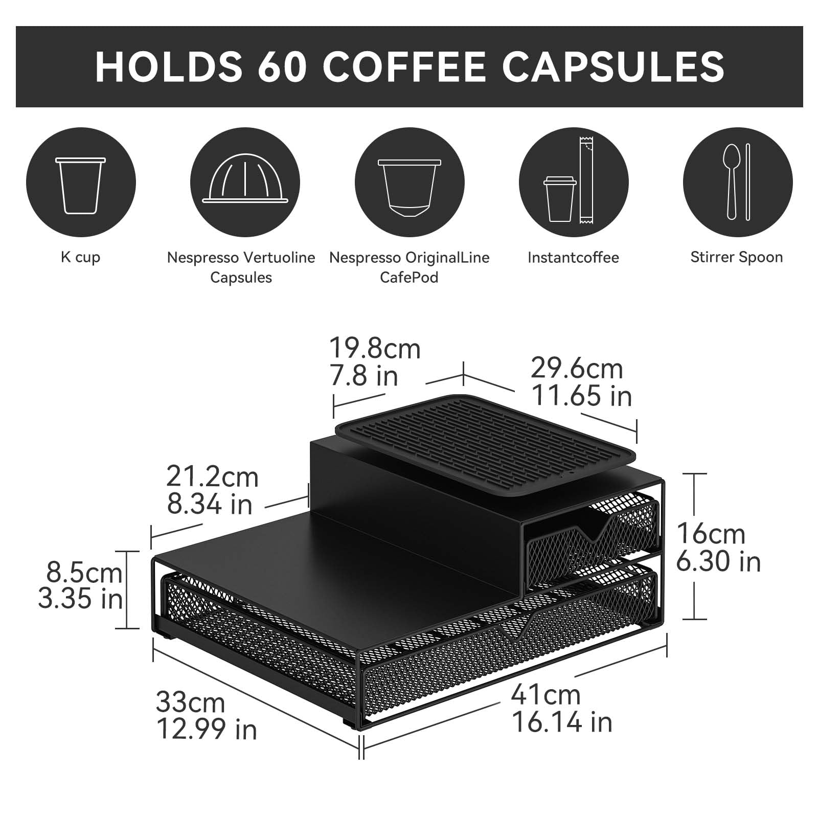 AmzAge 2 Tier Coffee Maker Countertop Organizer,60 Coffee Capsule Pod Pack Holder,Integrated Design Requires No Assembly.Slidng Storage Drawer and Coffee Accessories Holder,Silicone Drink Coasters