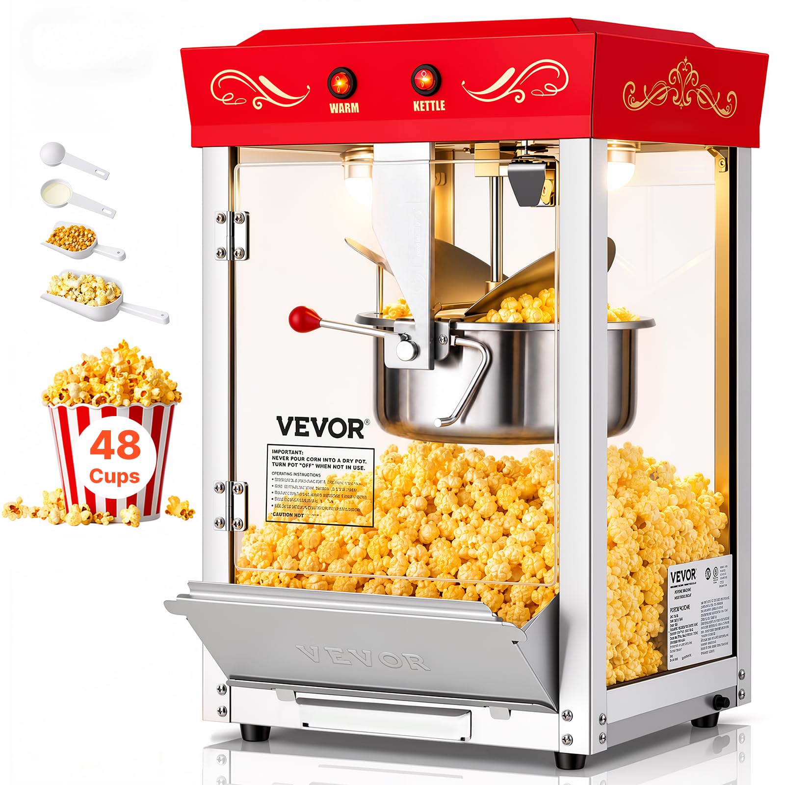 VEVOR Maszyna do popcornu z czajnikiem ze stali nierdzewnej, 800 W, komercyjna maszyna do popcornu, 48 filiżanek na jedno ładowanie, styl kinowy, obsługa 2 przycisków, szklana ścianka, drzwi PC, 1