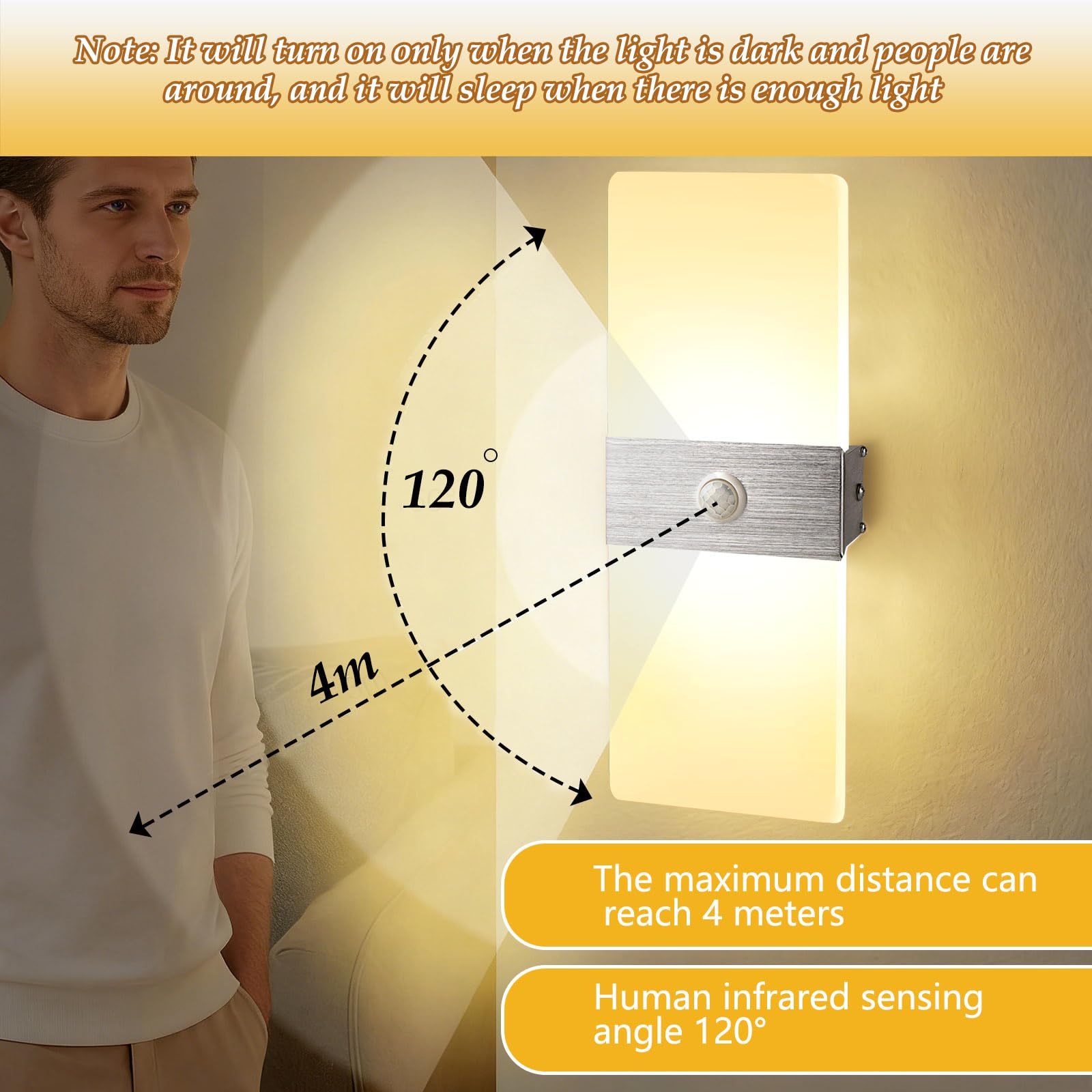 2 Pezzi Applique da Interno con Sensore di Movimento 12W Bianco Caldo 3000K | JaneYi LED Lampada da Parete Moderna in Acrilico e Alluminio Luce per Corridoio Scala Ingresso Balcone Soggiorno