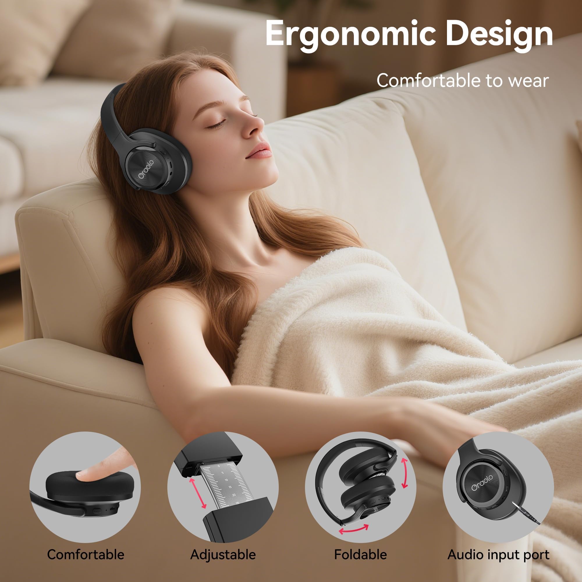 oraolo Bluetooth Kopfhörer, Kabellose Kopfhörer mit 3 EQ-Modi, Niedrige Latenz, HiFi-Stereo, Faltbar, Leicht, 70 Stunden Spielzeit, Tiefer Bass für Zuhause, Büro, Handy, PC