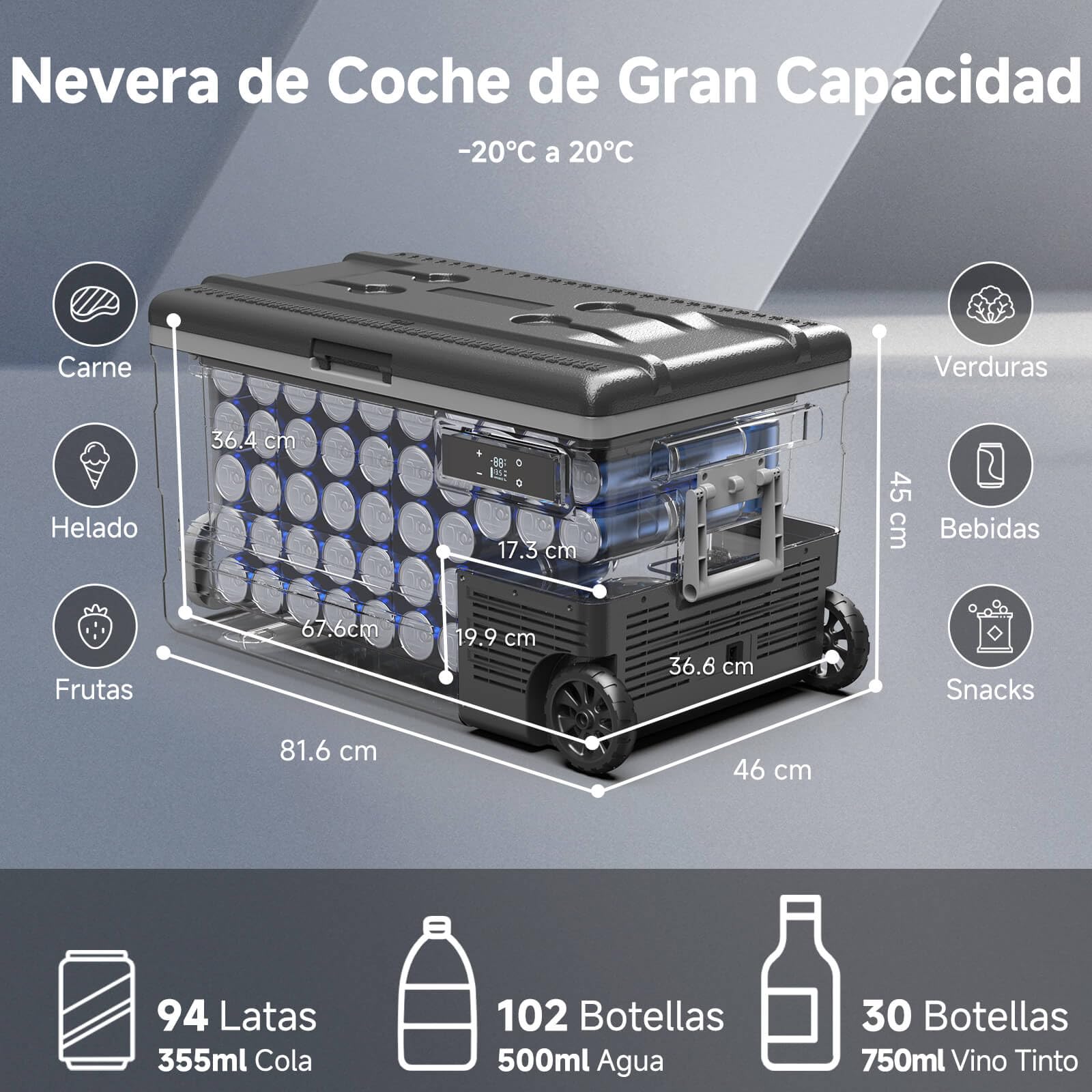 AAOBOSI Nevera Portátil 74L con Compresor, -20℃ a 20℃, 12V/24V DC y 100-240V AC, APP, Nevera 12V Compresor para Coche, Camping, Viajes, Barco, Autocaravana y Hogar
