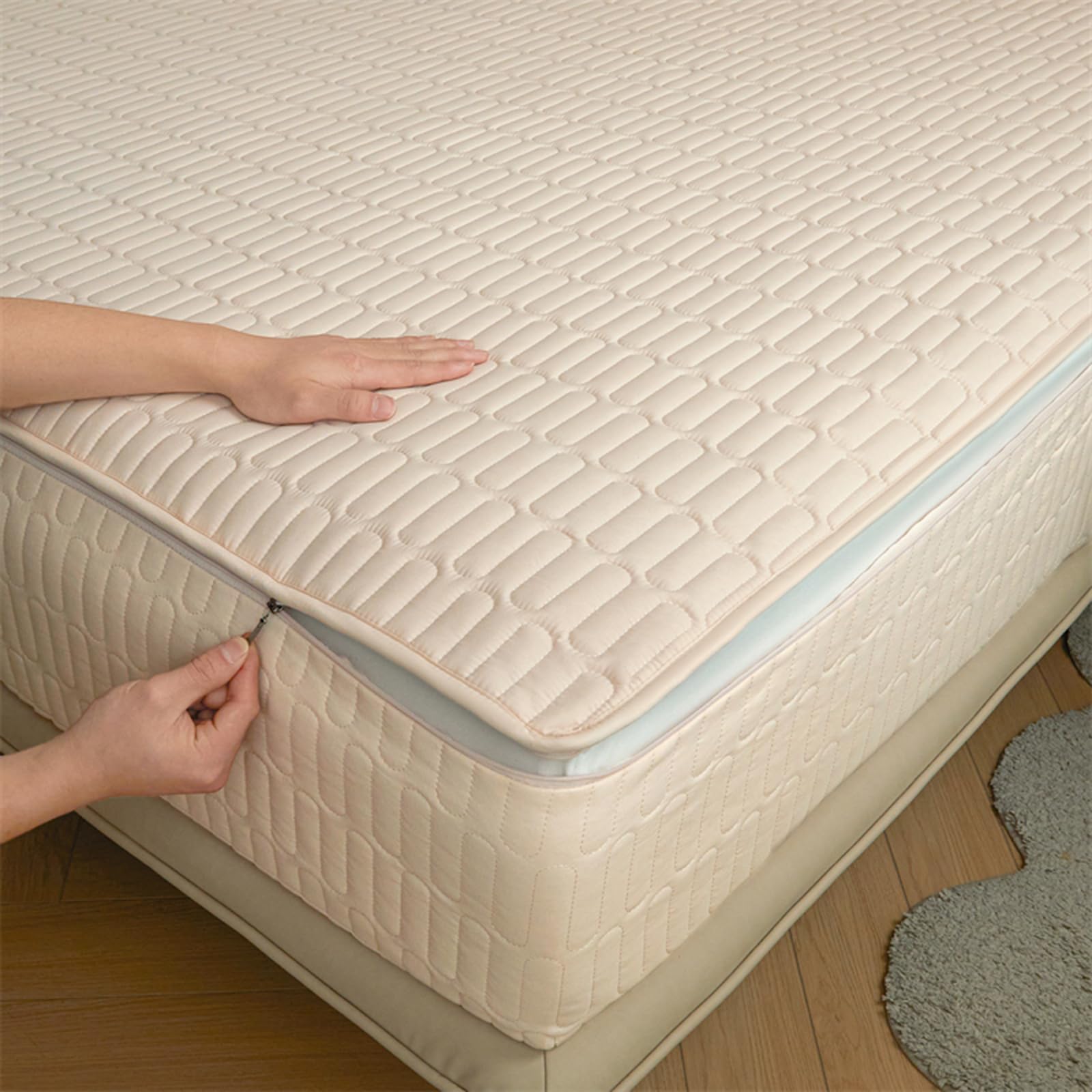 Zipped Quilted Mattress Protector Single Bed 90x190 Customizable Five-sided Quilted Mattress Cover Double/King Zip Up Bed Sheets Breathable Mattress Encasement Topper Fitted Sheet(80x190+22cm,Beige)
