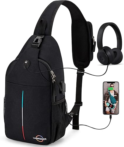 Lumesner Mochila cruzada con puerto de carga USB, mochila de senderismo, bolsa de hombro para senderismo, caminar, viajes