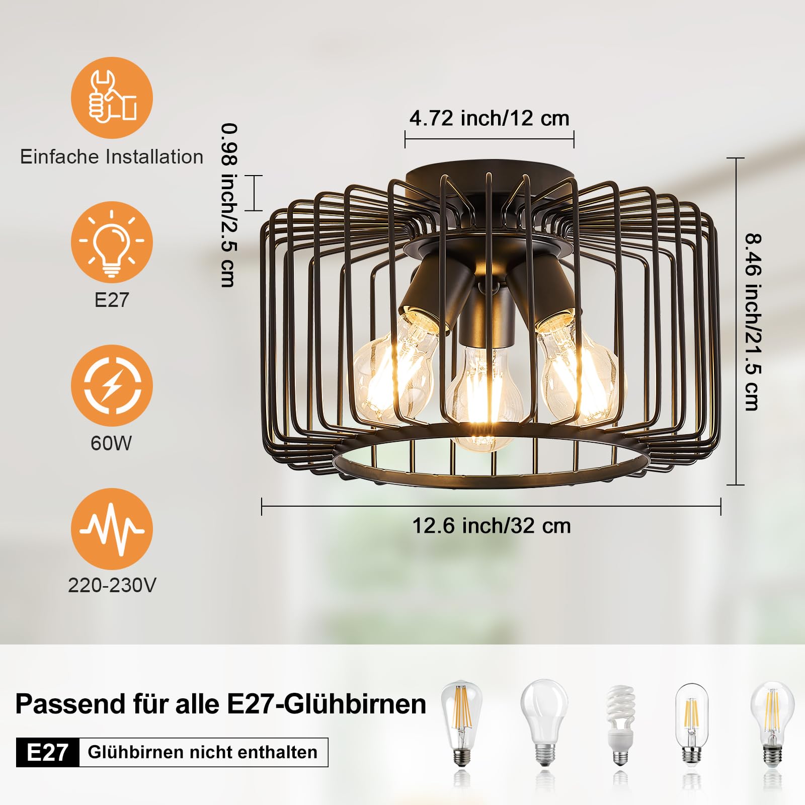 Qamra Industrielle Deckenlampe, Schwarz, 3-flammige Metall Deckenleuchte
