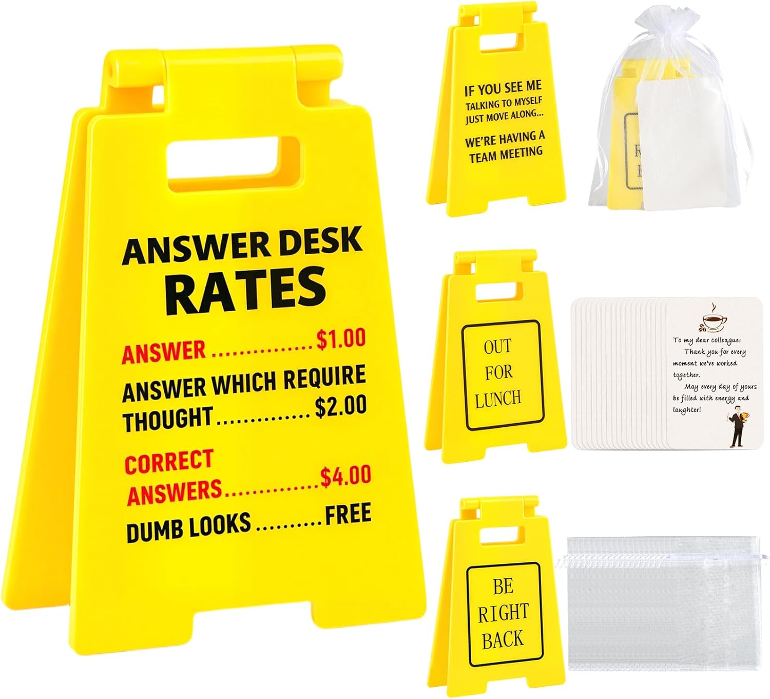 20 Pcs Mini Acrylic Funny Desk Signs, Removable Assembled Office Decor with 20 Notes & Bags, Answer Desk Rates/Out for Lunch/Be Right Back/If You See Me, Gag Gifts for Coworkers Boss Friends, White Elephant Gift