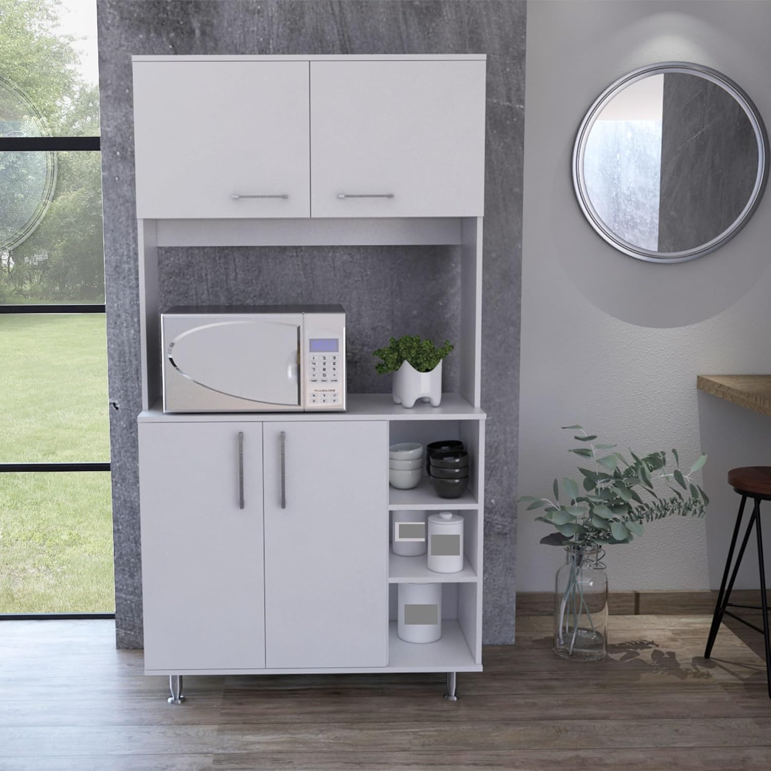 White Three Rack Cutlery Cabinet, Four Doors, with Open Storage Countertops,for The Kitchen