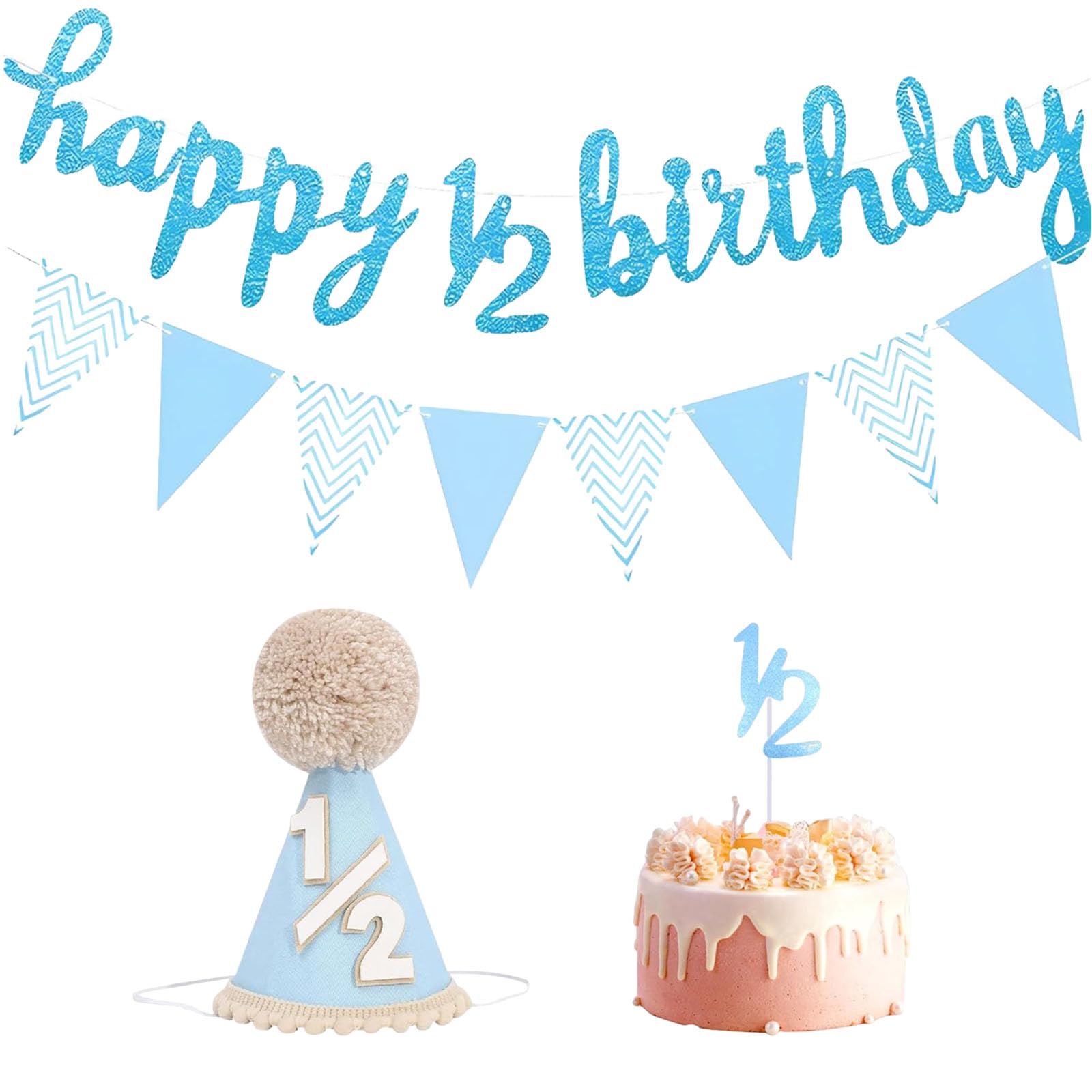 Half Birthday Decorations, 6 Months Birthday Decorations with 1/2 Birthday Hat, Half Way to One Celebration Set, Baby Boy Birthday Party Supplies in Blue Theme, 4 Piece Half Birthday Party Decorations