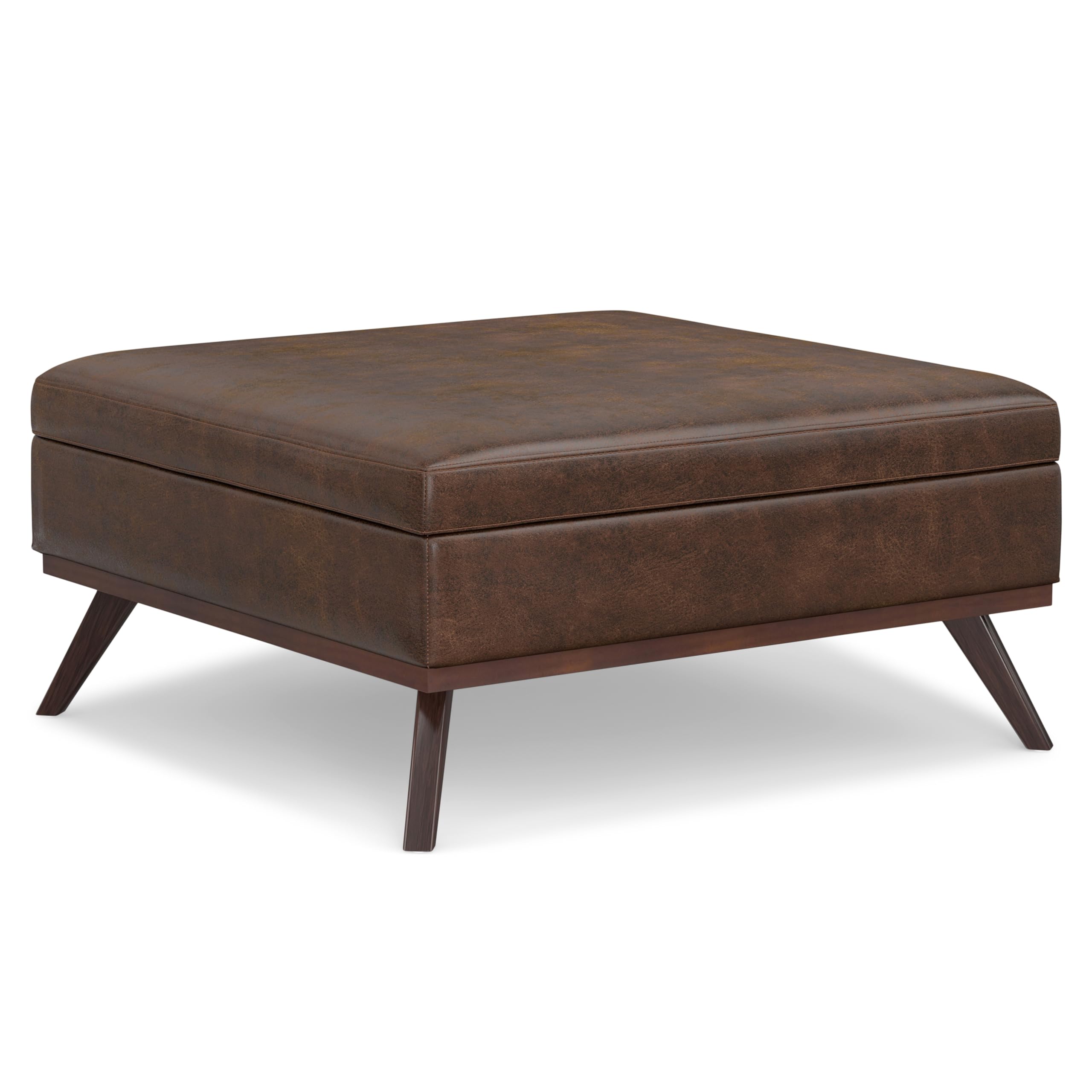 simplihome owen 40 inch wide mid century modern square xl coffee table storage ottoman in distressed chestnut brown vegan faux leather, assembled, for the living room, entryway and family room