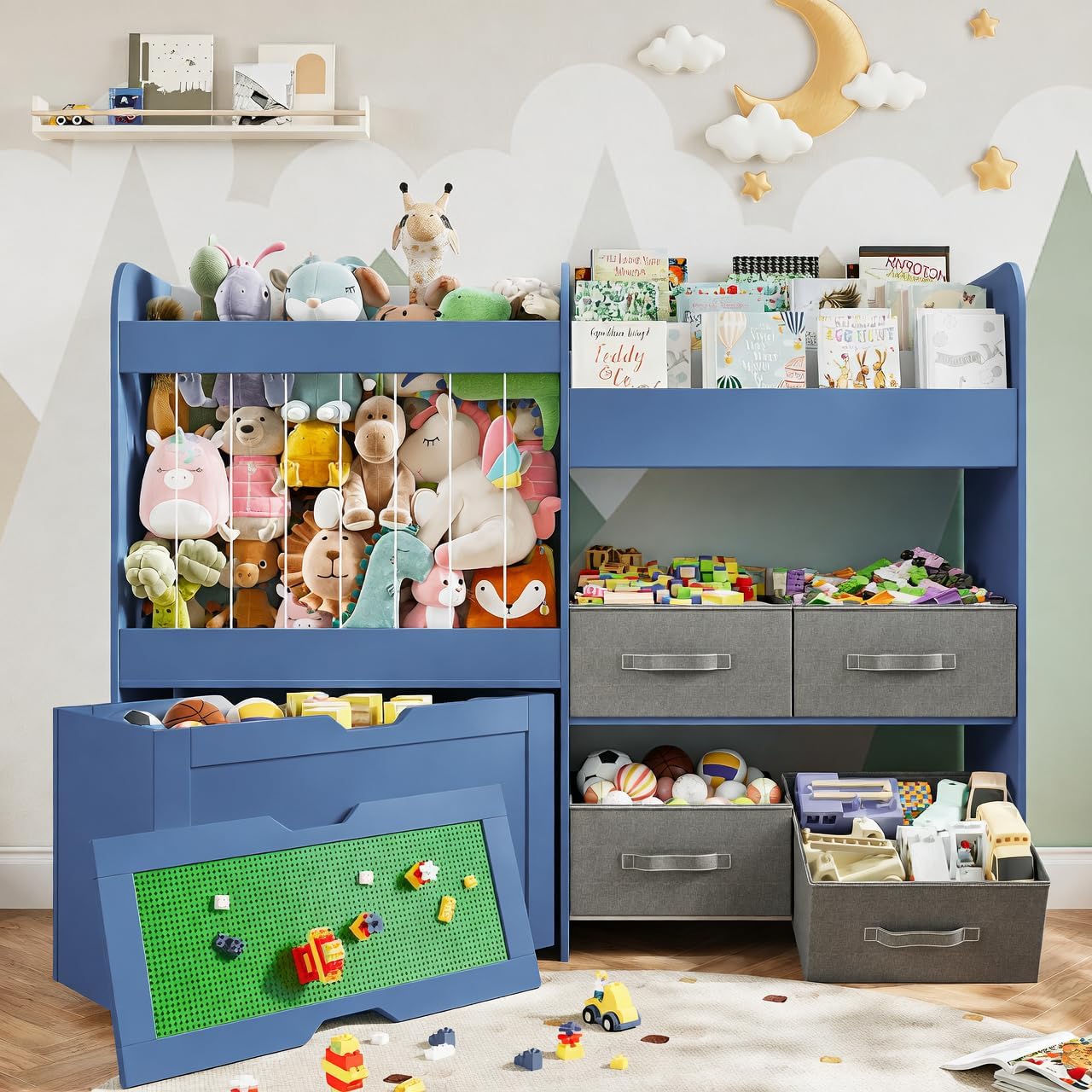 Toy Storage Organizer with Stuffed Animal Storage – Kids Bookshelf with 4 Removable Bins and 1 Movable Toy Box, 3-Tier Bookshelf with Buildable Baseplate Lid for Lego Bricks, Kids Room Playroom, White