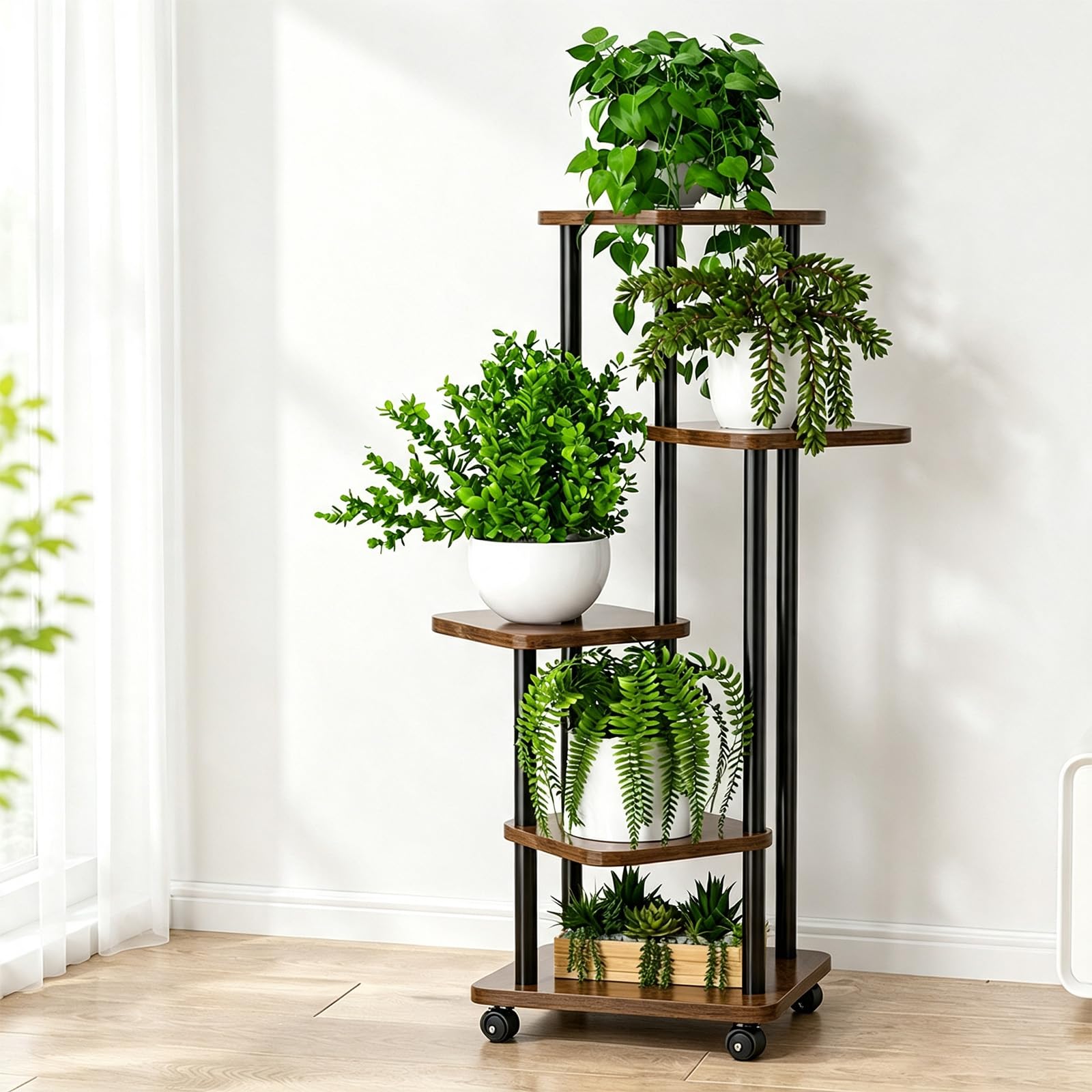 KiPuppi 5-Tier Indoor Plant Stands, 44.1" Tall Rolling Plant Shelf, Wooden Corner Plant Pot Stand for Multiple Plants, Boho Flower Stand for the Living Room, Balcony, Garden or Patio, Brown