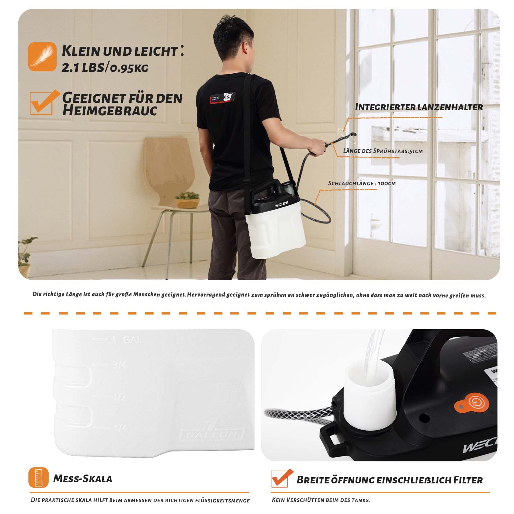 WECLEAN 8L Elektrischer Akku-Drucksprüher für Gartenarbeit, Pflanzenschutz und Reinigungs-/Desinfektionsarbeiten - Lithium-Ionen Akku für langlebige Performance