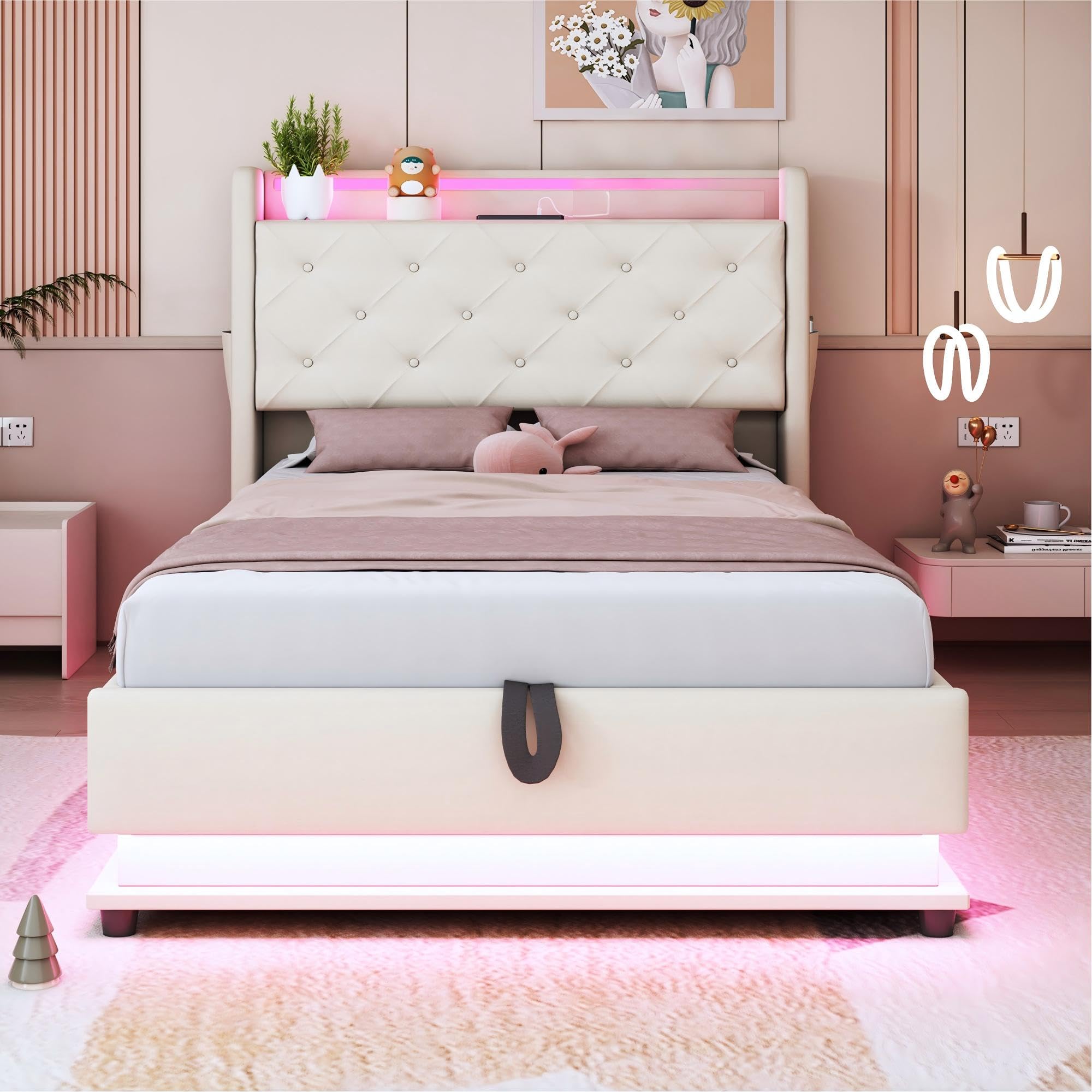 Cama Tapizada Cama Infantil 90x200 cm con Luz LED y USB, Camas Juveniles Individual con Cabecero Reversible y Almacenamiento Hidráulico, Estructura Camas Individuales, Lino, Sin Colchón, Beige