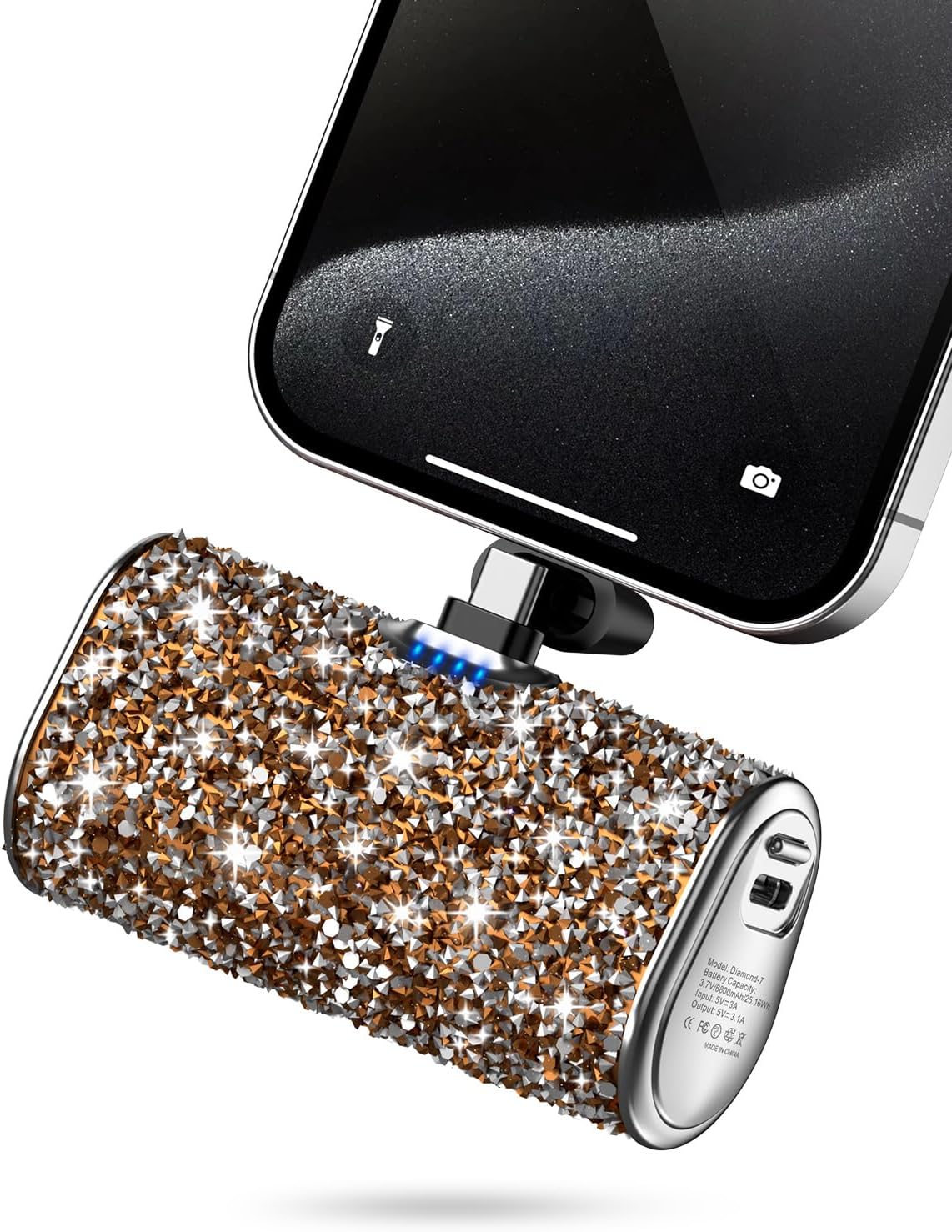 Bling Small Portable Charger, Power Bank, 6800mAh Ultra Compact Cute Shining Power Bank 5V3.1A Fast Charger Built-in Flashlight and Type-C Connector for iPhone 15 and Android Phones(Golden)