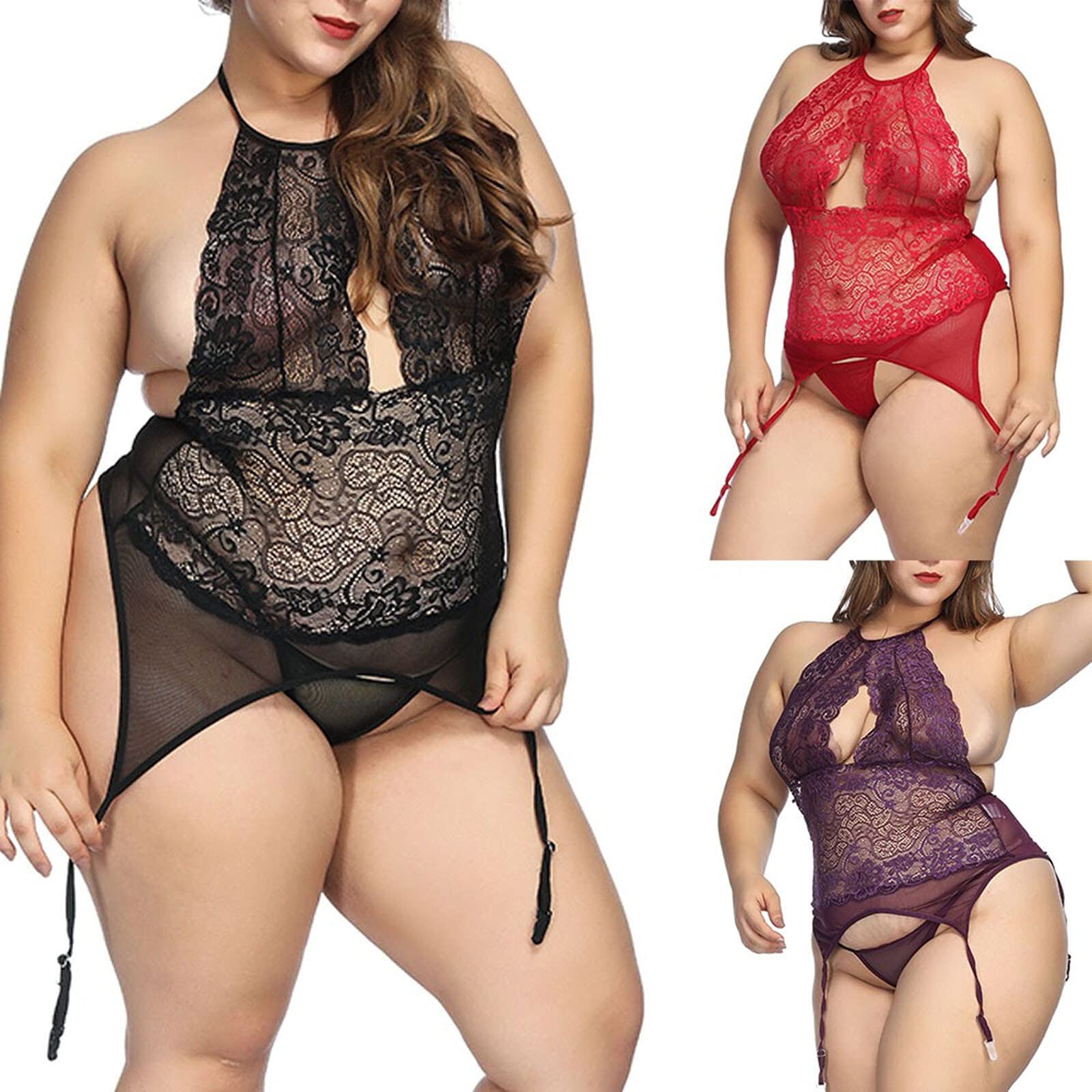 Bielizna damska seksowna bielizna Plus rozmiar damska koronkowa bielizna nocna syjamskie body koszula nocna (kolor:, rozmiar: L) (Rood 4XL)