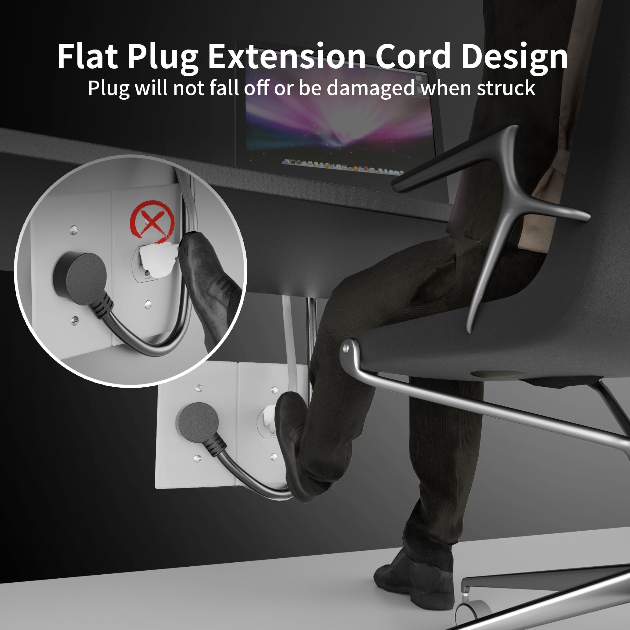HUANCHAIN Cable de extensión de enchufe plano de calibre 14 de 15 pies, color negro para interiores y exteriores, resistente cable de extensión de perfil bajo a tierra de 3 puntas flexible, 15 A, 1875