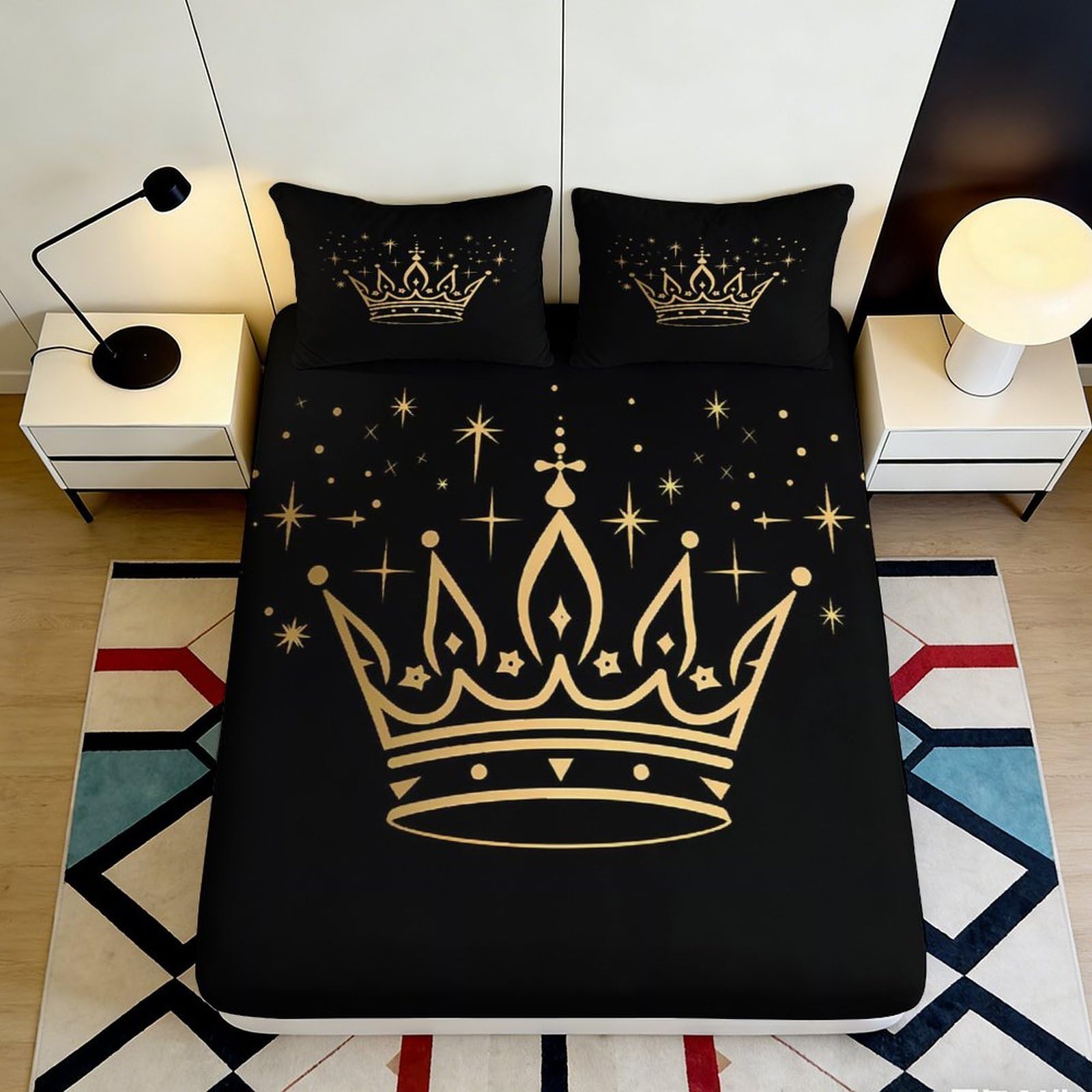 3D Printed Royal Crown Fitted Sheet Microfiber Black Gold Bed Cover for Bedroom Guest Room Mattress Protection 90x200x25cm
