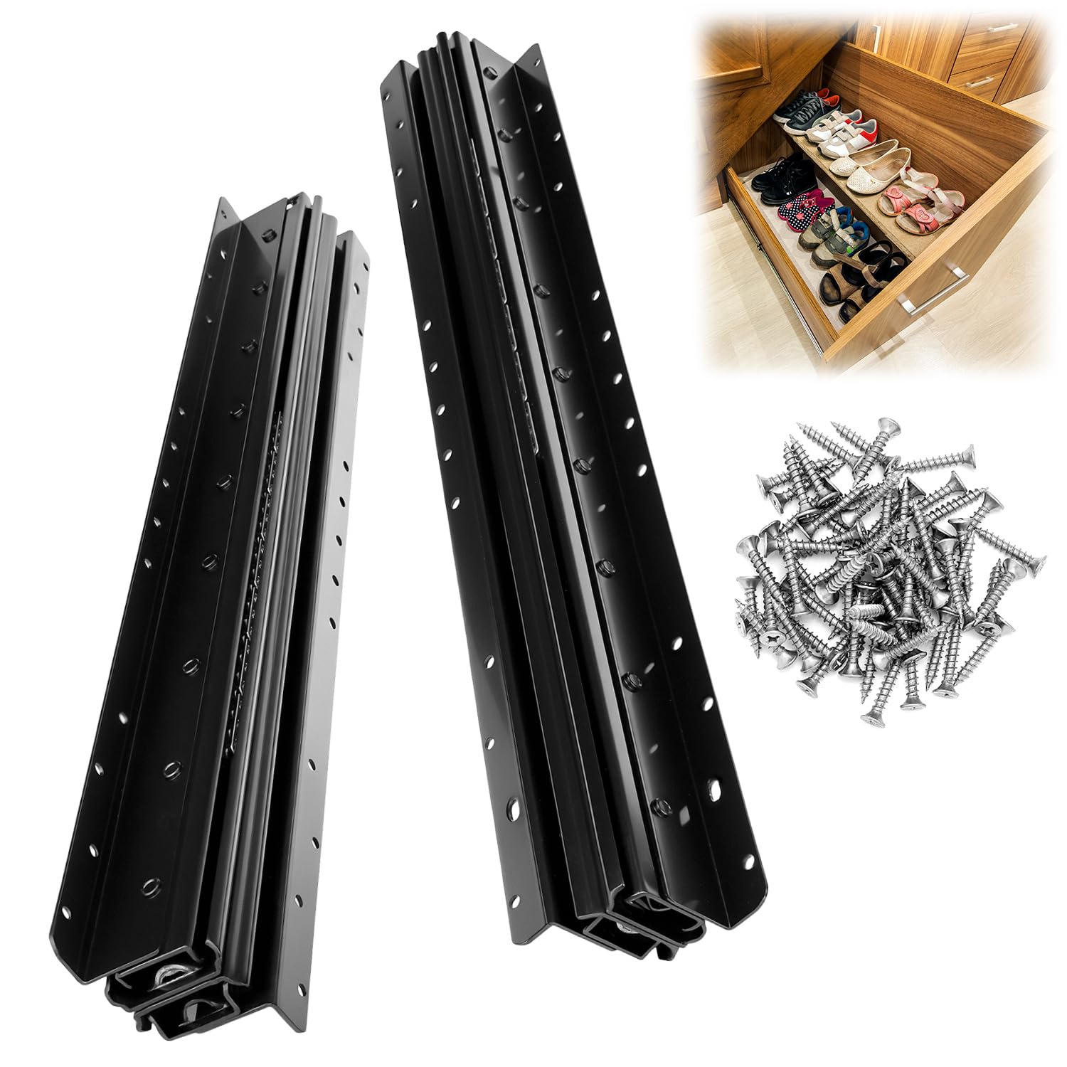 Qwork Black Qwork® Heavy Duty Drawer Runners Slides For Under Stairs Storage 600-1450Mm, Full Extension, Load Capacity 120Kg, 1Pair, With Screws