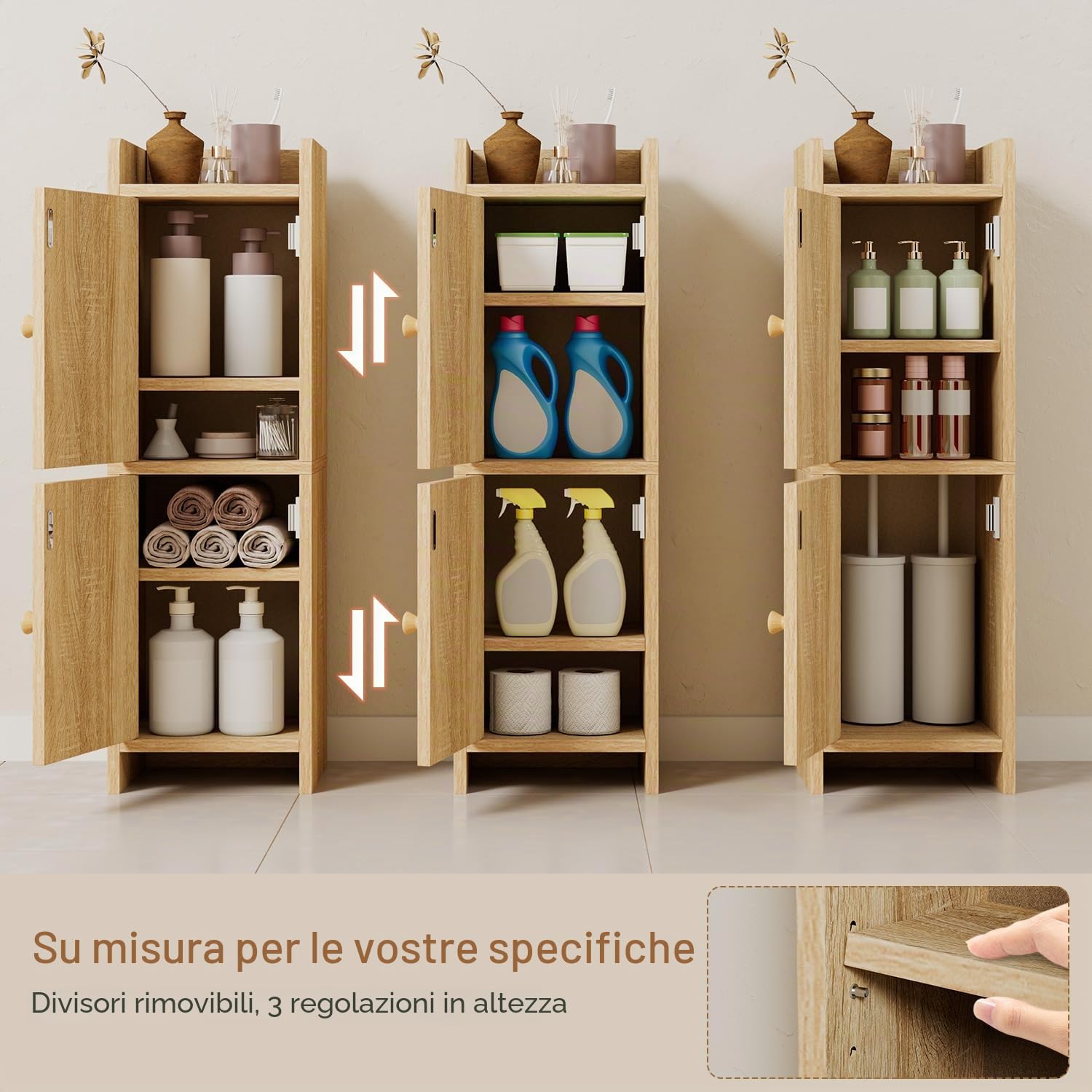 IBUYKE Piccolo armadietto da bagno con porta in rattan, porta carta igienica stretta, armadietto da pavimento con ripiani regolabili, organizer salvaspazio per articoli da toeletta WBS001N